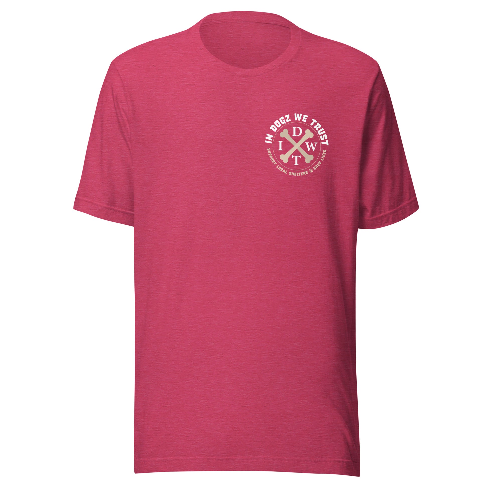 Love Dogz. Tolerate Humans. Unisex T-Shirt - Heather Raspberry Pink - In Dogz We Trust - Front View