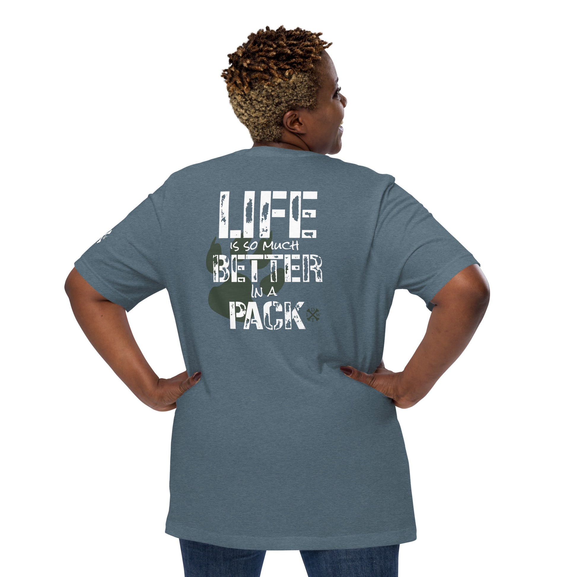 Life Is Better In A Pack - Unisex T-shirt - Heather Slate - In Dogz We Trust - Plus Size Female Model - Back View
