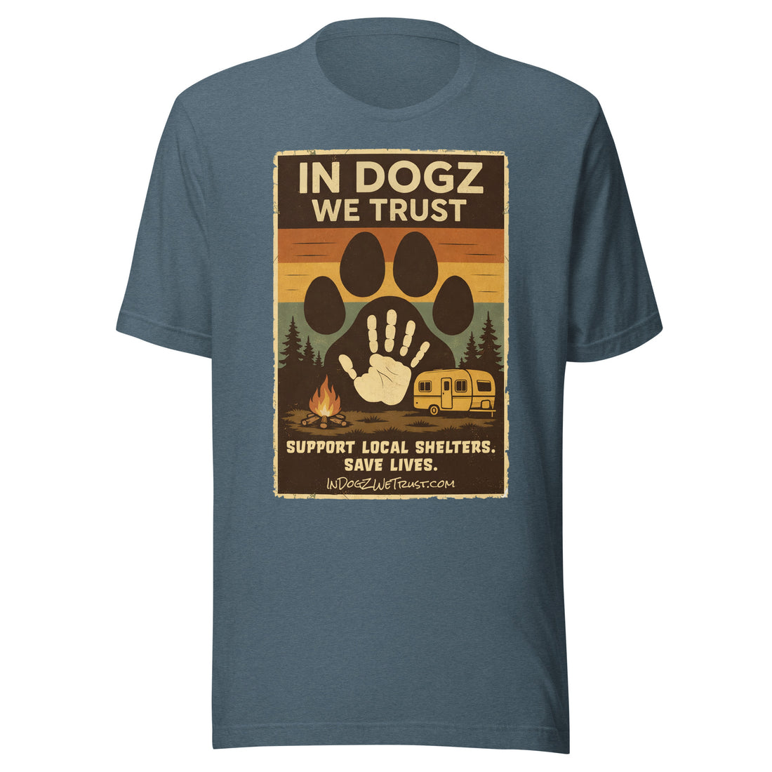 Paws for a Cause Tee - Heather Forest with Dog Paw Camping Design - In Dogz We Trust