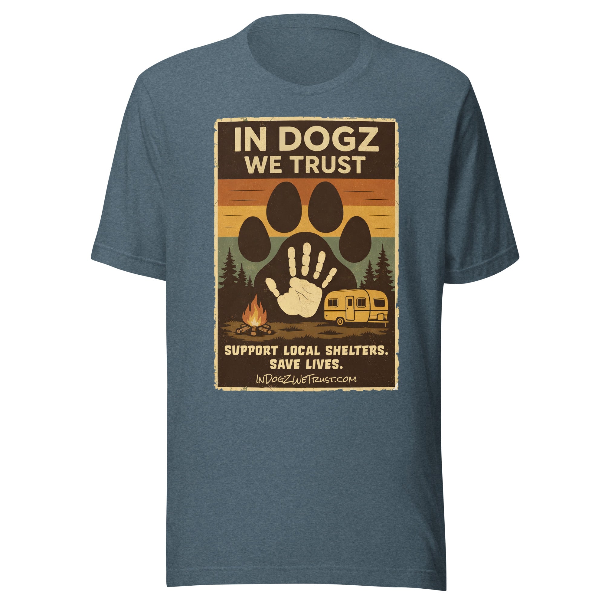 Paws for a Cause Tee - Heather Slate Blue with Dog Paw Camping Design - In Dogz We Trust