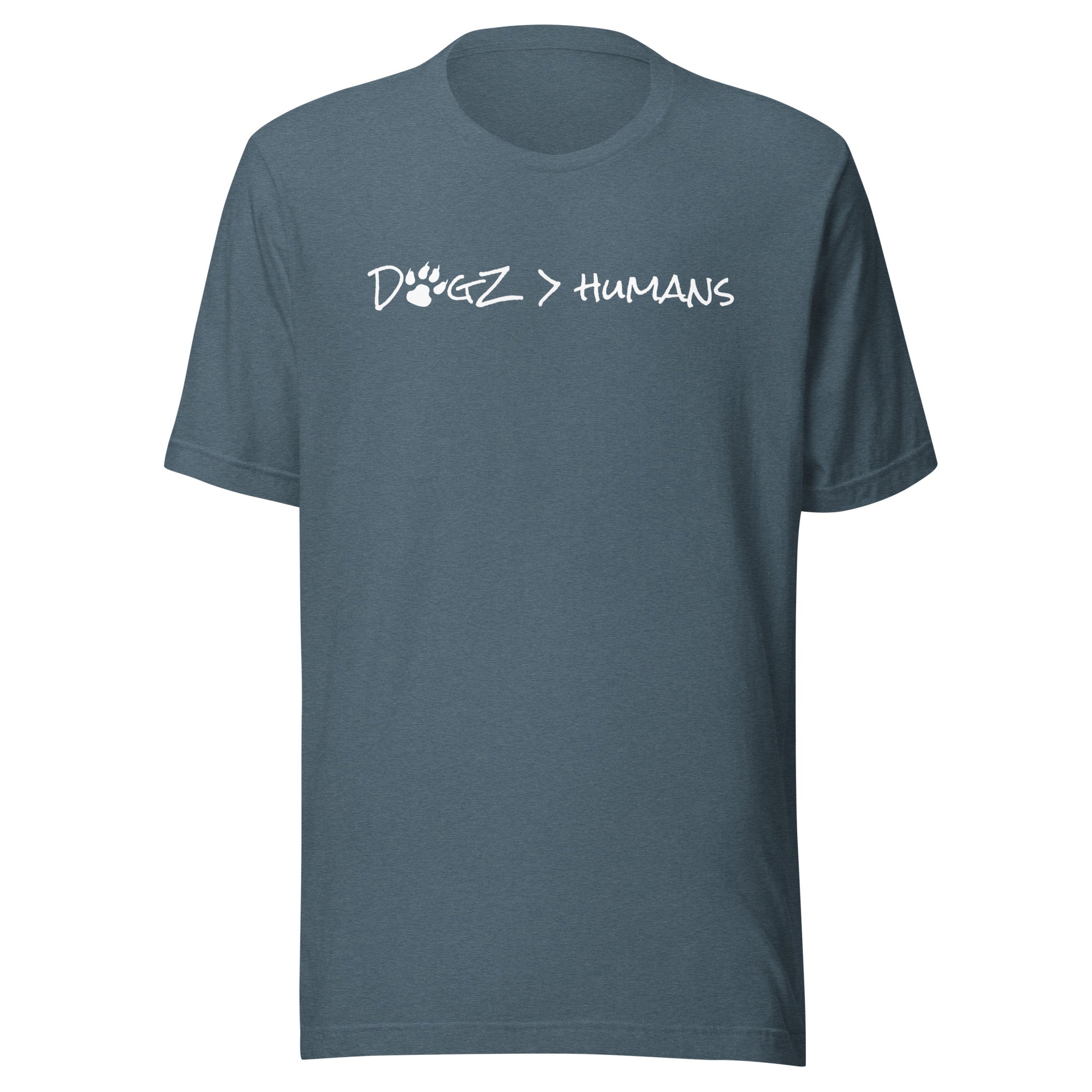 Dogz > Humans: Unisex Tee - Heather Slate - In Dogz We Trust - Front View