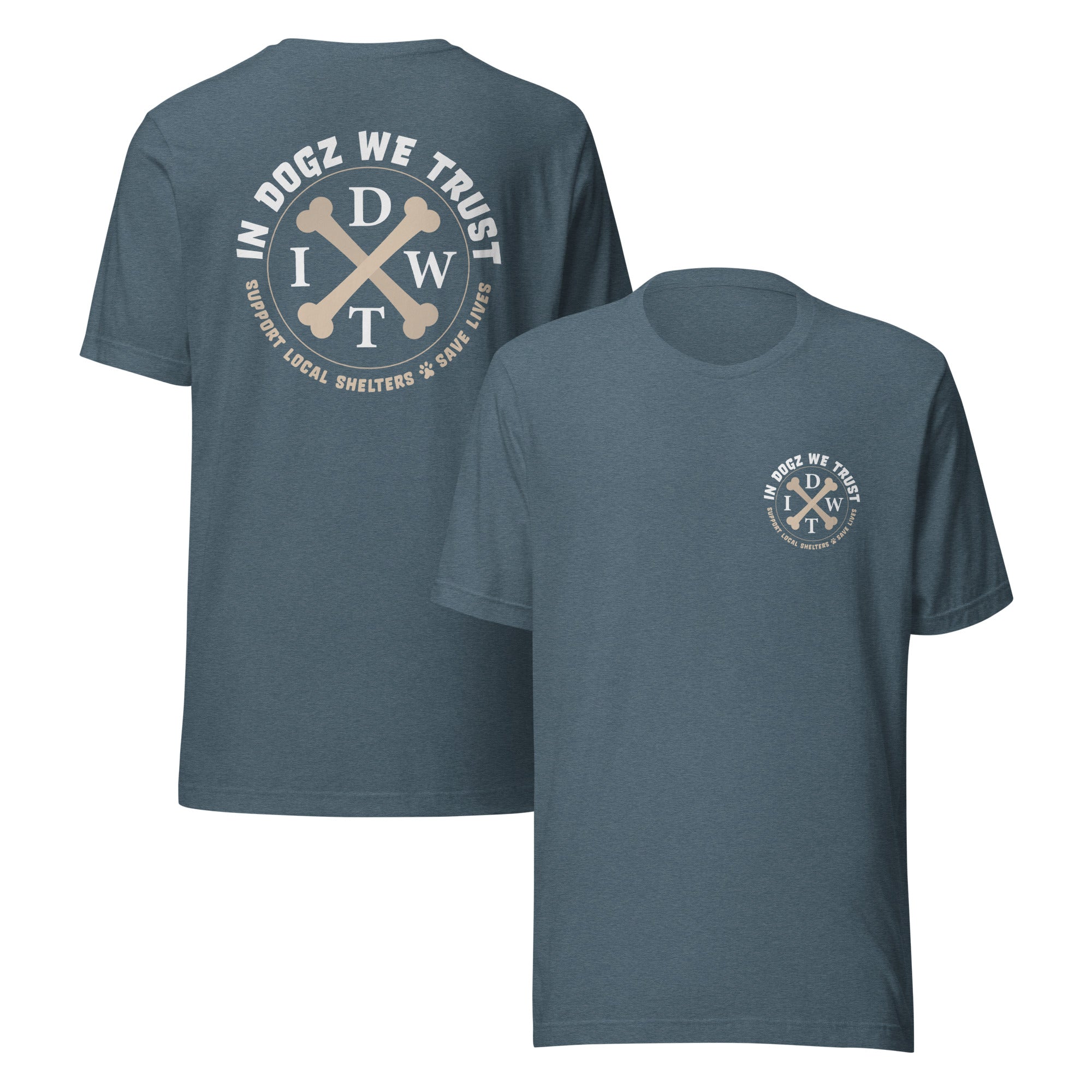 In Dogz We Trust - Crossbones Unisex T-Shirt - Heather Slate - Front & Back View