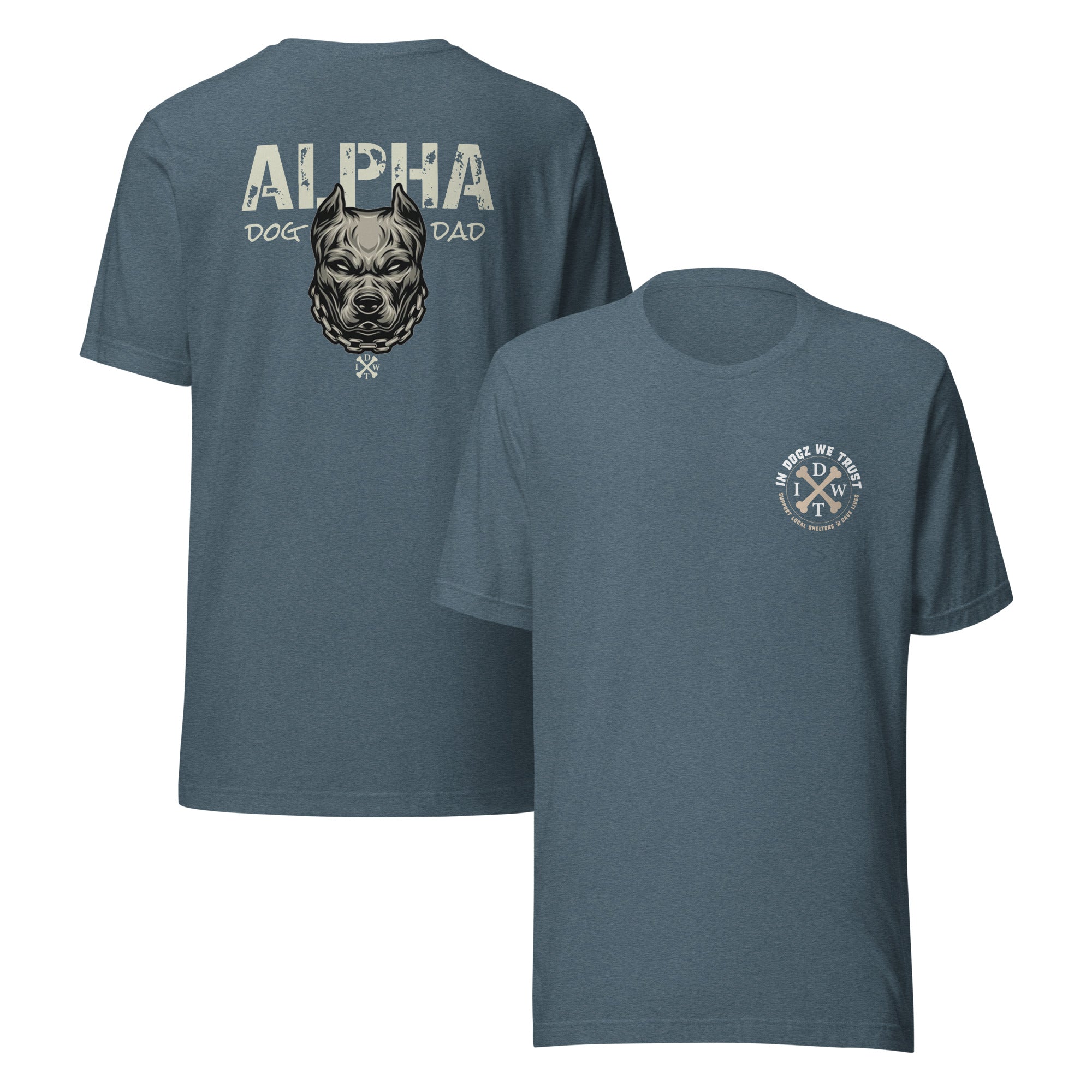 Alpha Dog Dad - Heather Slate Blue with Bull Dog Design - Men's T-Shirt - In Dogz We Trust - Front & Back View