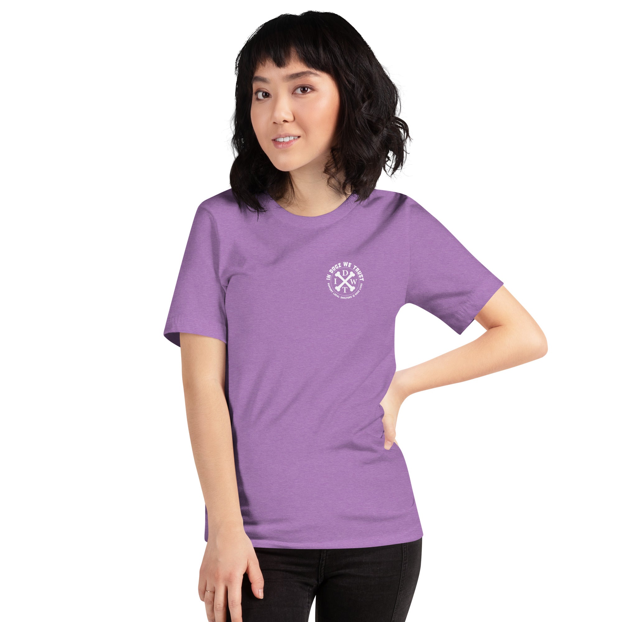 Parental Advisory = Explicit Barking - Heather Purple T-Shirt - In Dogz We Trust - Female Model - Front View