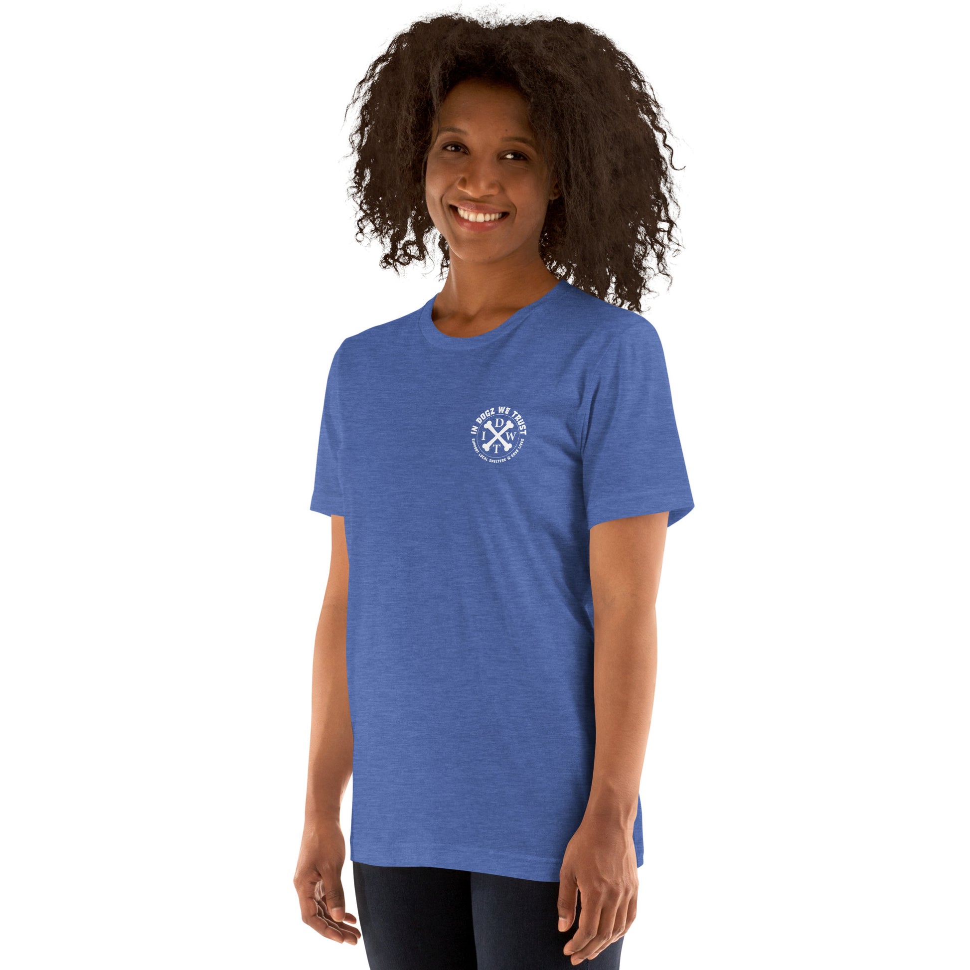 Perro Loco - Unisex T-Shirt - Heather True Royal with Chihuahua Design - In Dogz We Trust - Female Model - Front View