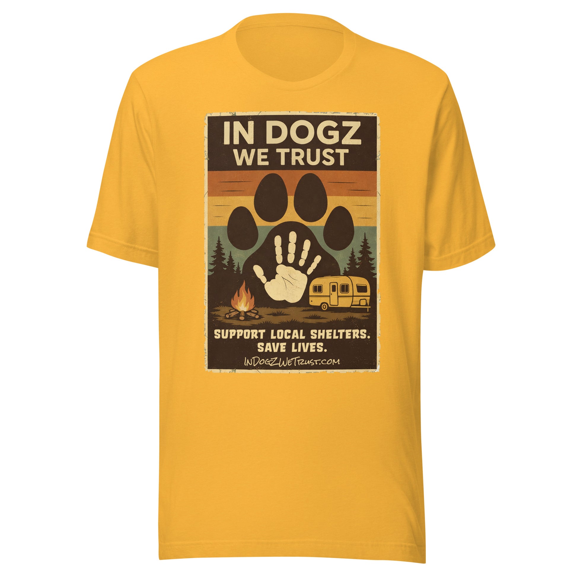 Paws for a Cause Tee - Heather Yellow Gold with Dog Paw Camping Design - In Dogz We Trust