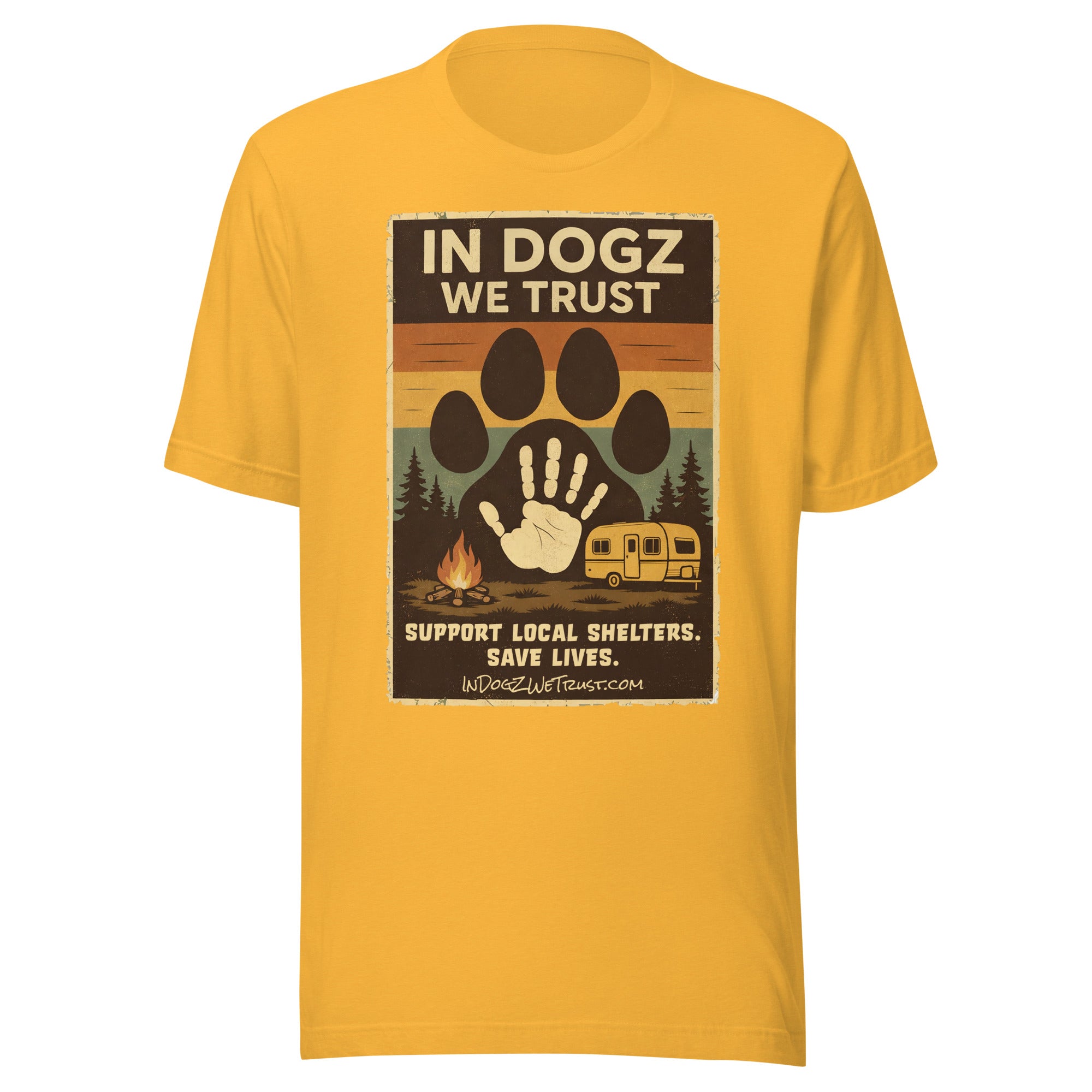 Paws for a Cause Tee - Heather Yellow Gold with Dog Paw Camping Design - In Dogz We Trust