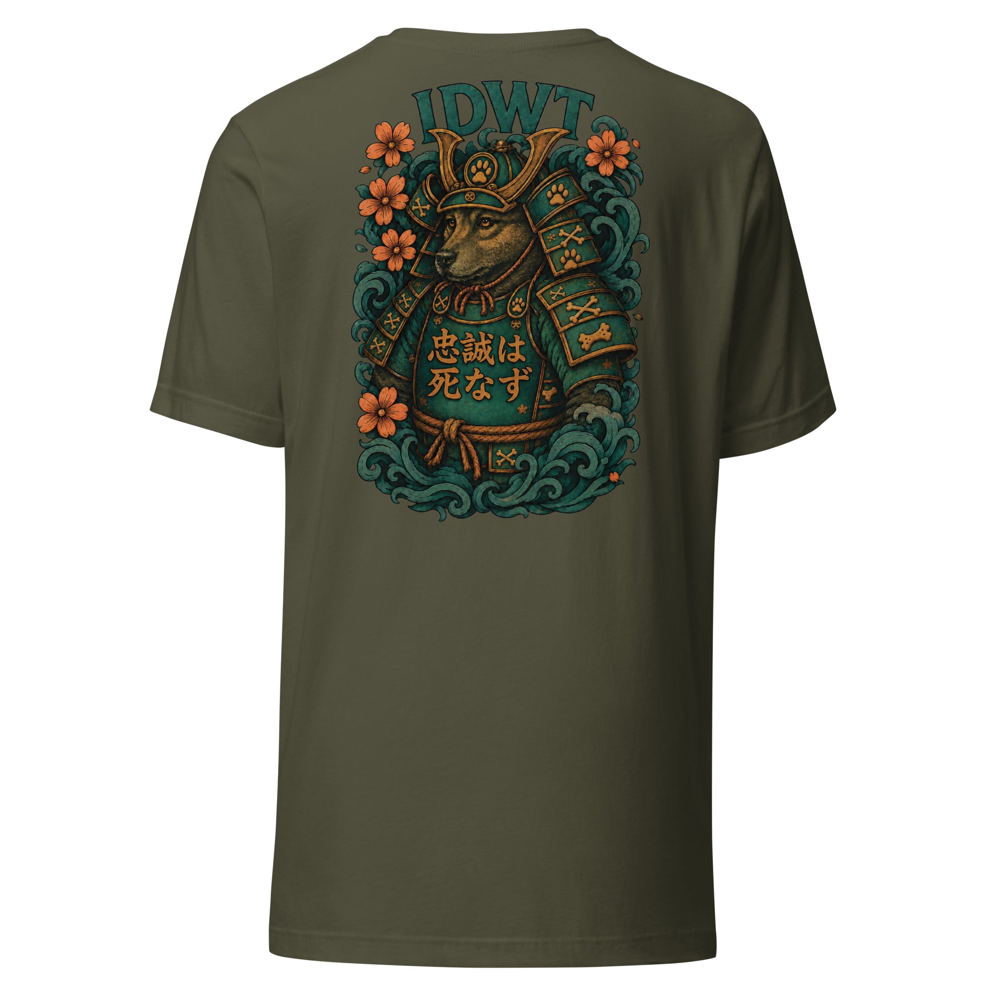 Bushido Bark: Samurai Canine T-Shirt - Military Green Color - In Dogz We Trust - Back View