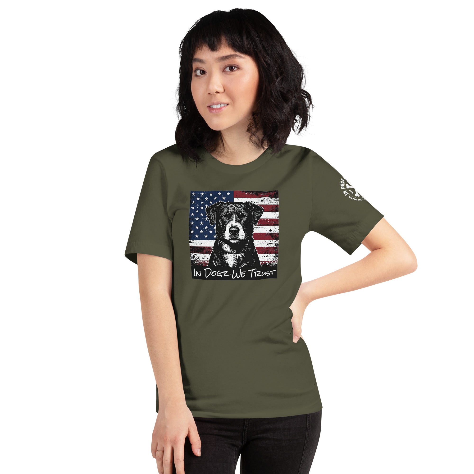 The "American Dream" Mixed-Breed: Unisex Tee - Military Green - In Dogz We Trust - Female Model - Front View