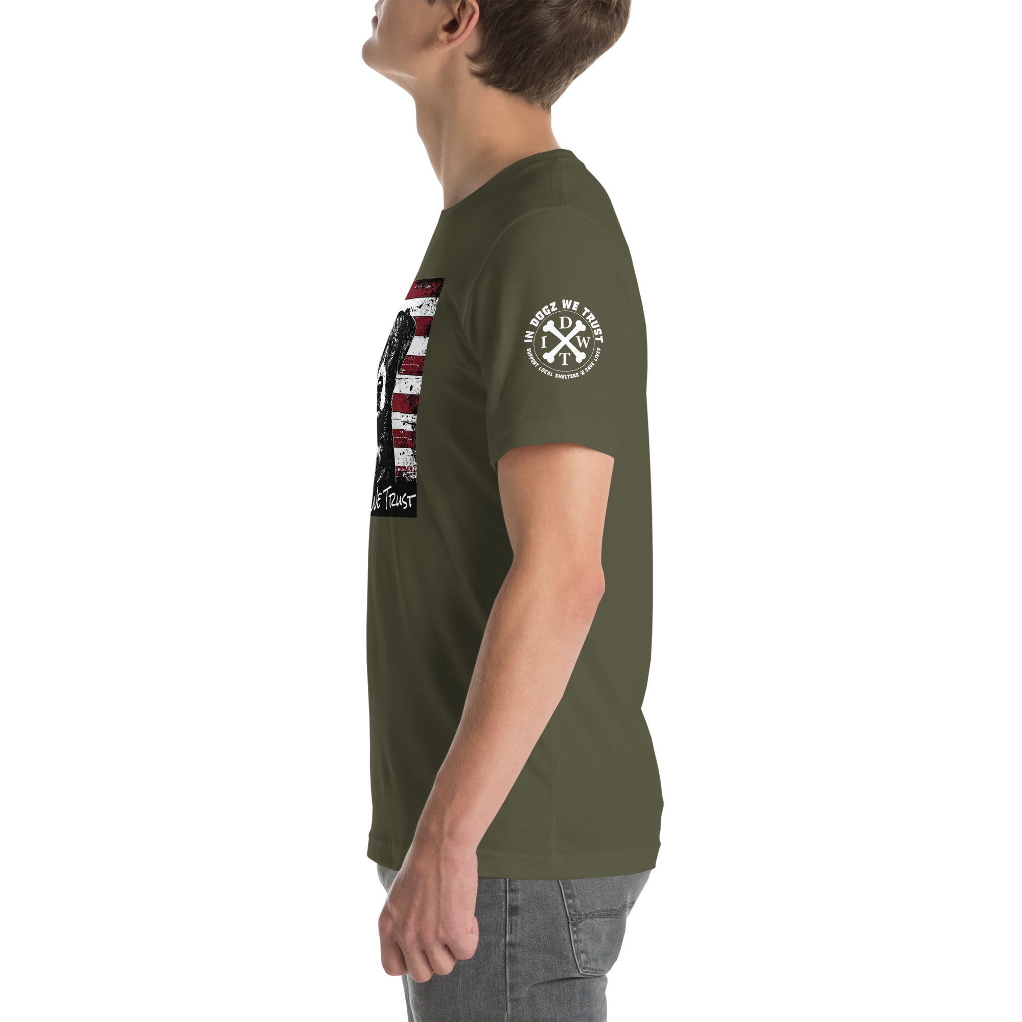 The "American Dream" Mixed-Breed: Unisex Tee - Military Green - In Dogz We Trust - Male Model - Left Side View