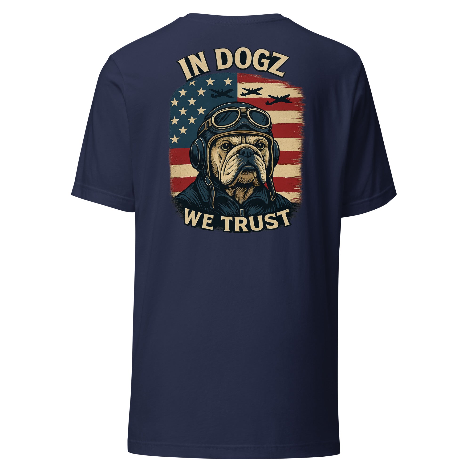 Stars & Dogz Tee - Unisex - Navy with Bull Dog & American Flag Design - In Dogz We Trust - Back View