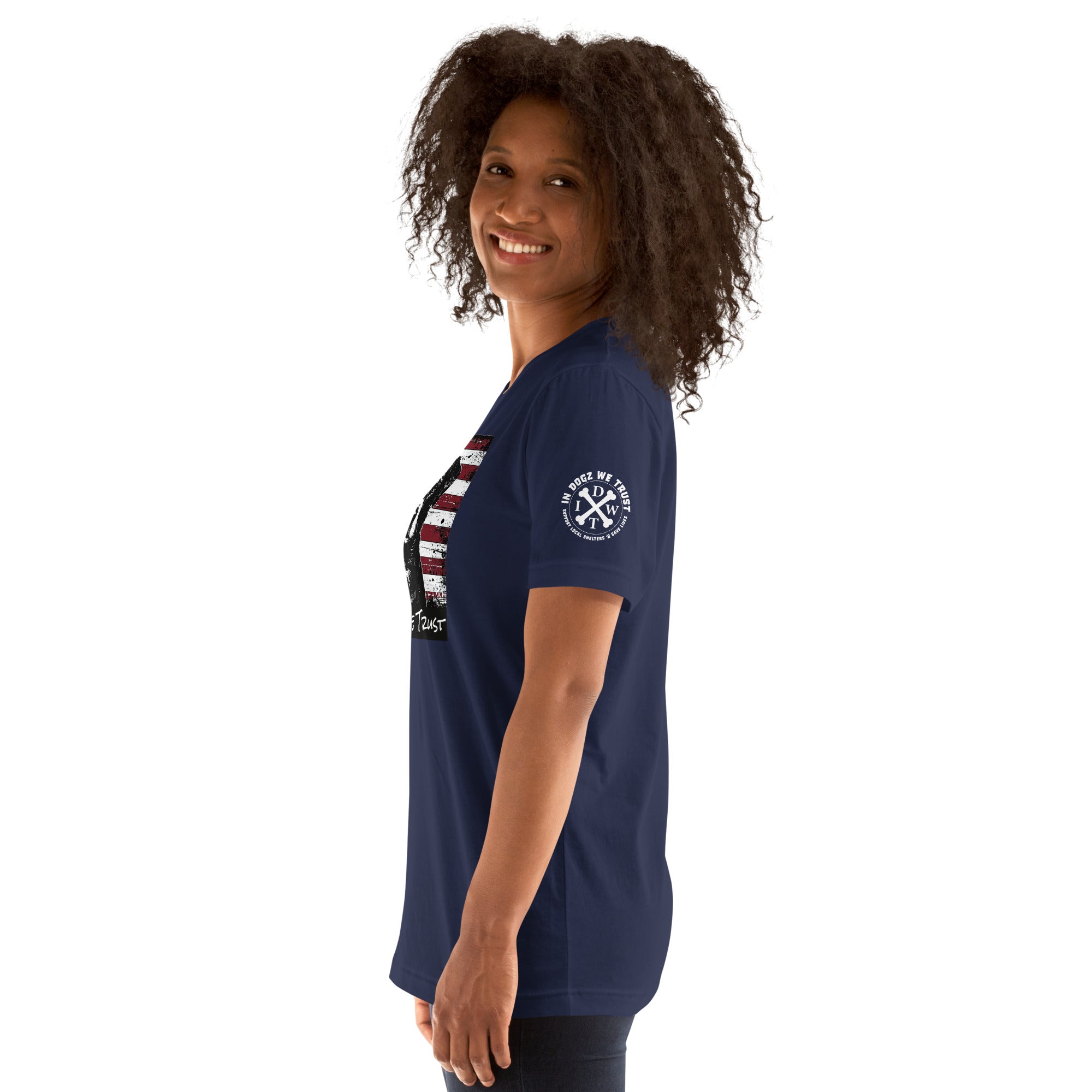 The "American Dream" Mixed-Breed: Unisex Tee - navy Blue - In Dogz We Trust - Female Model - Left Side View