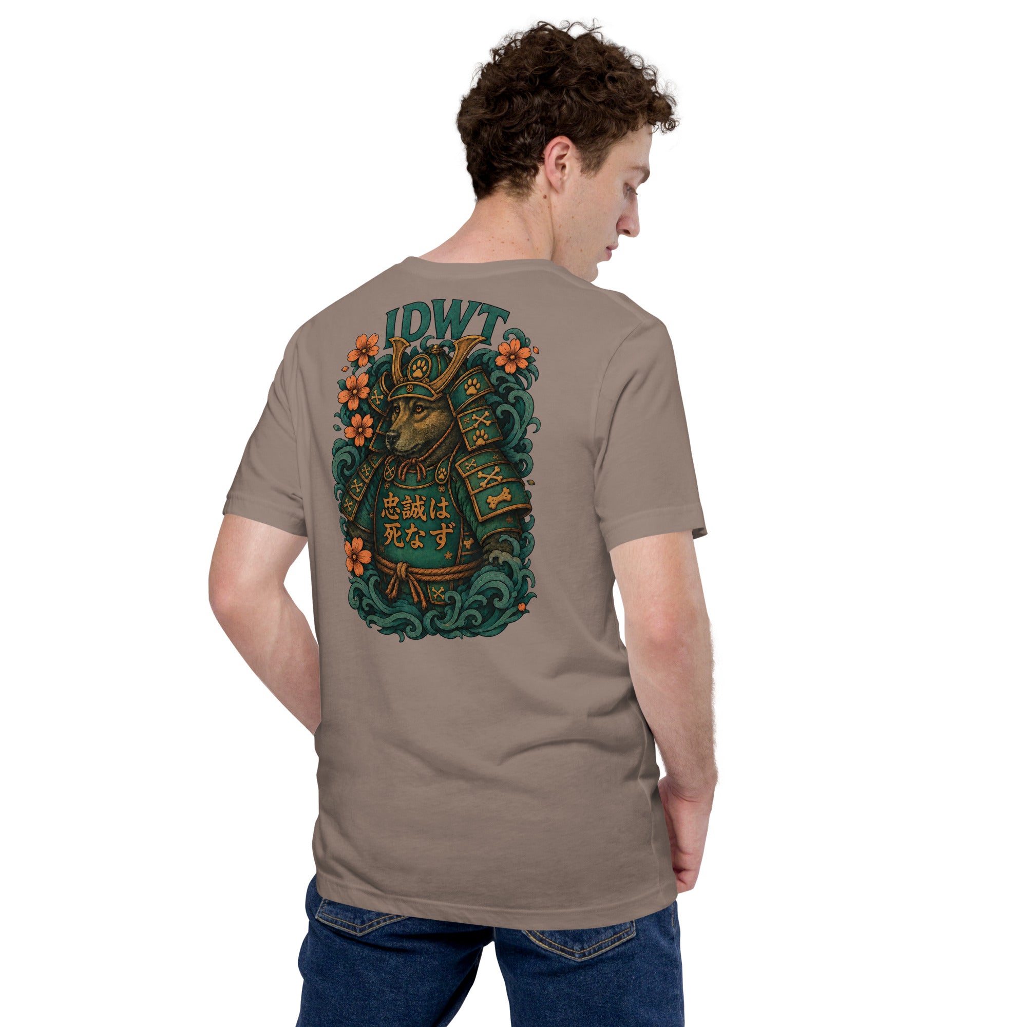 Bushido Bark: Samurai Canine T-Shirt - Pebble Color - In Dogz We Trust - Male Model - Back View