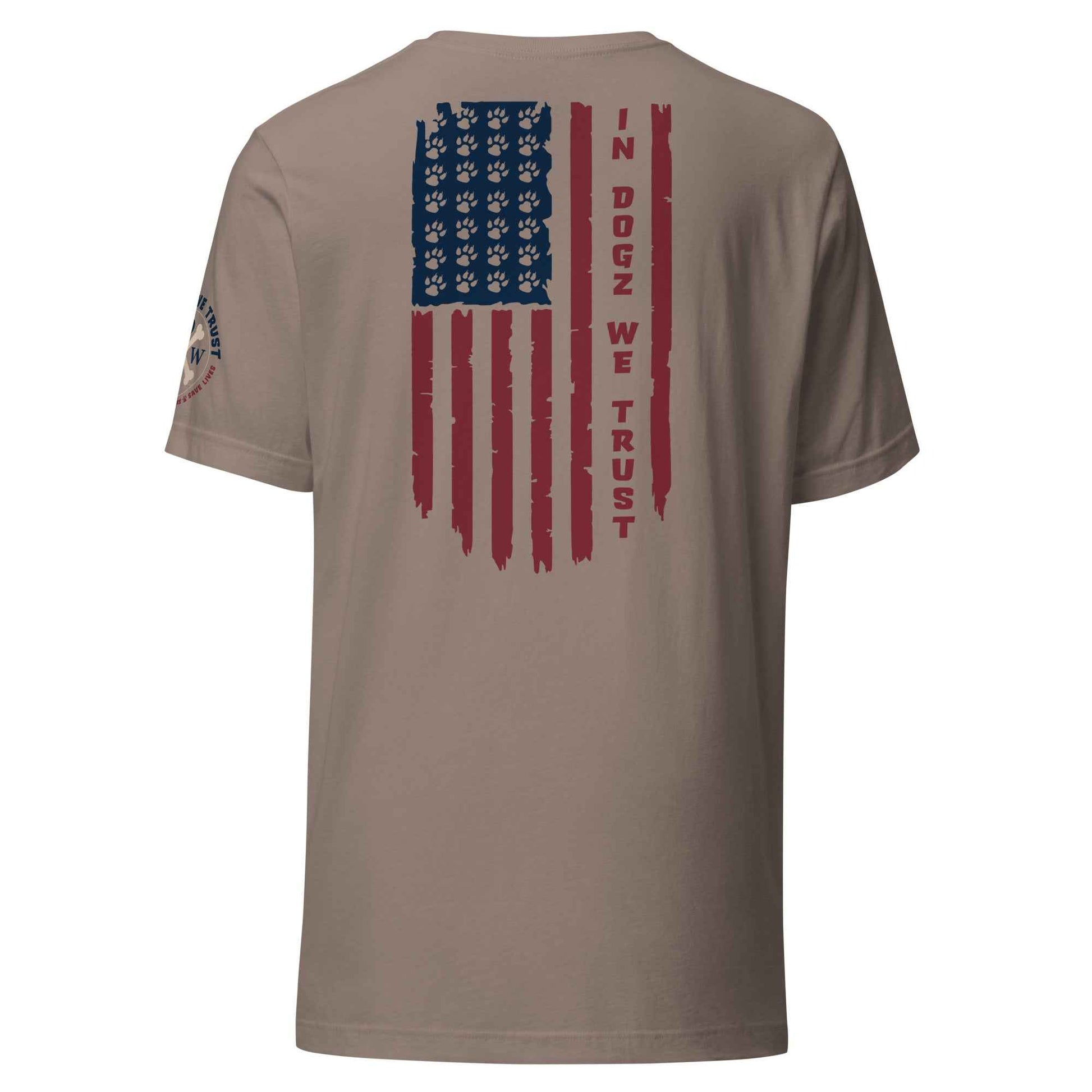 Paws & Stripes: Unisex Tee - Pebble / Tan - In Dogz We Trust - Back View