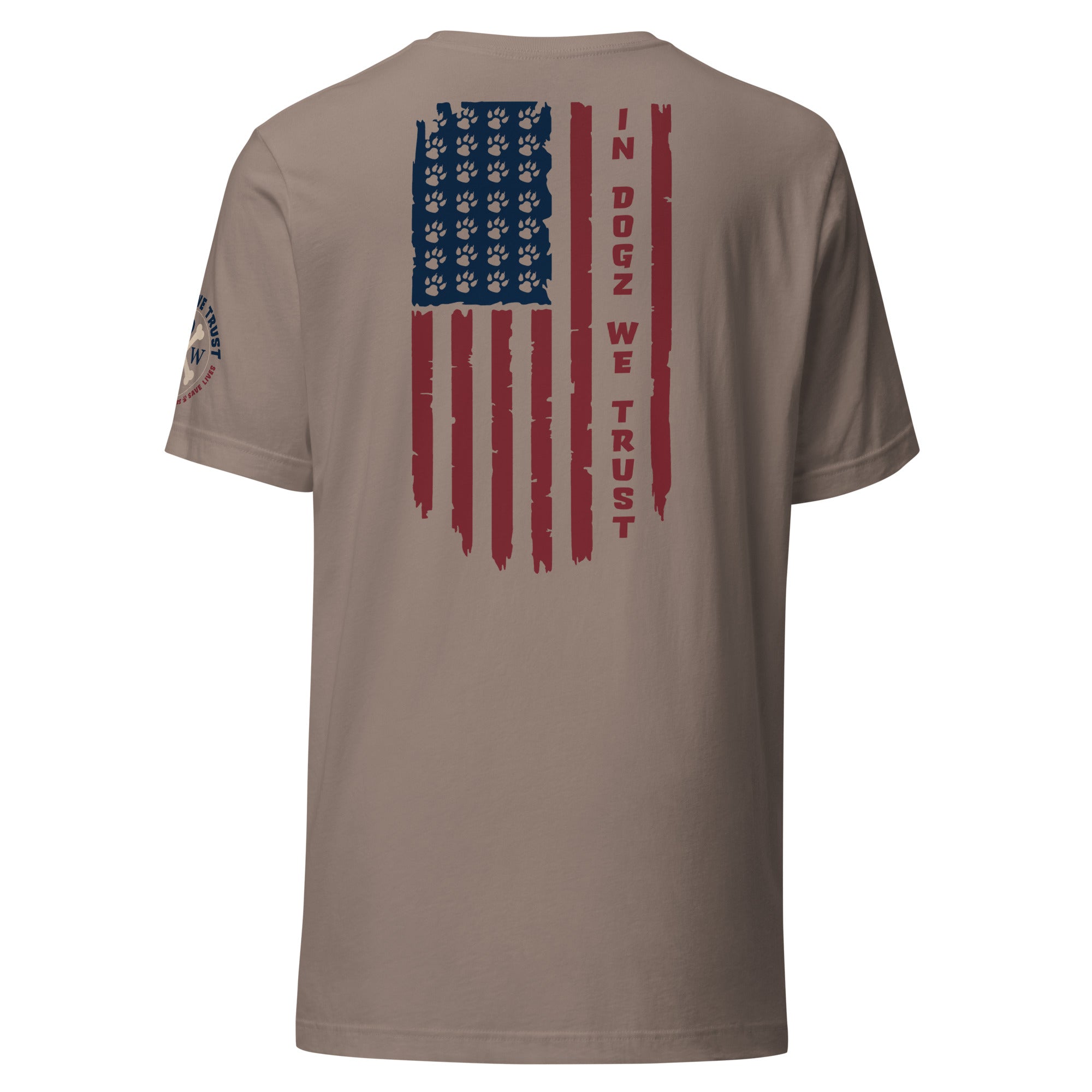 Paws & Stripes: Unisex Tee - Pebble / Tan - In Dogz We Trust - Back View