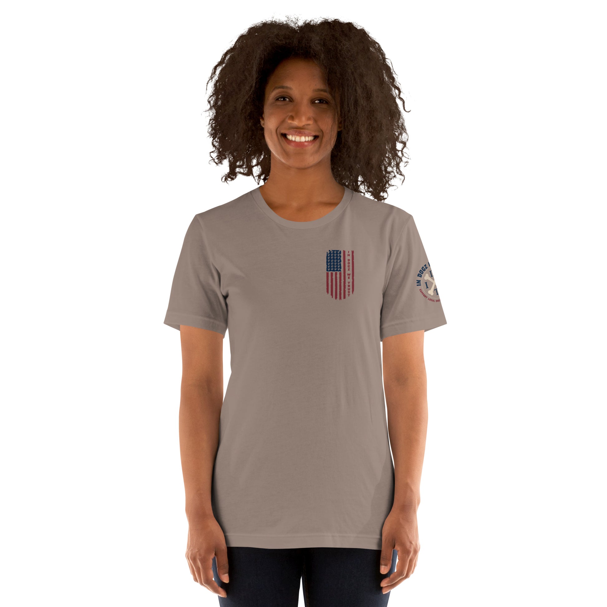 Paws & Stripes: Unisex Tee - Pebble / Tan - In Dogz We Trust - Female Model - Front View