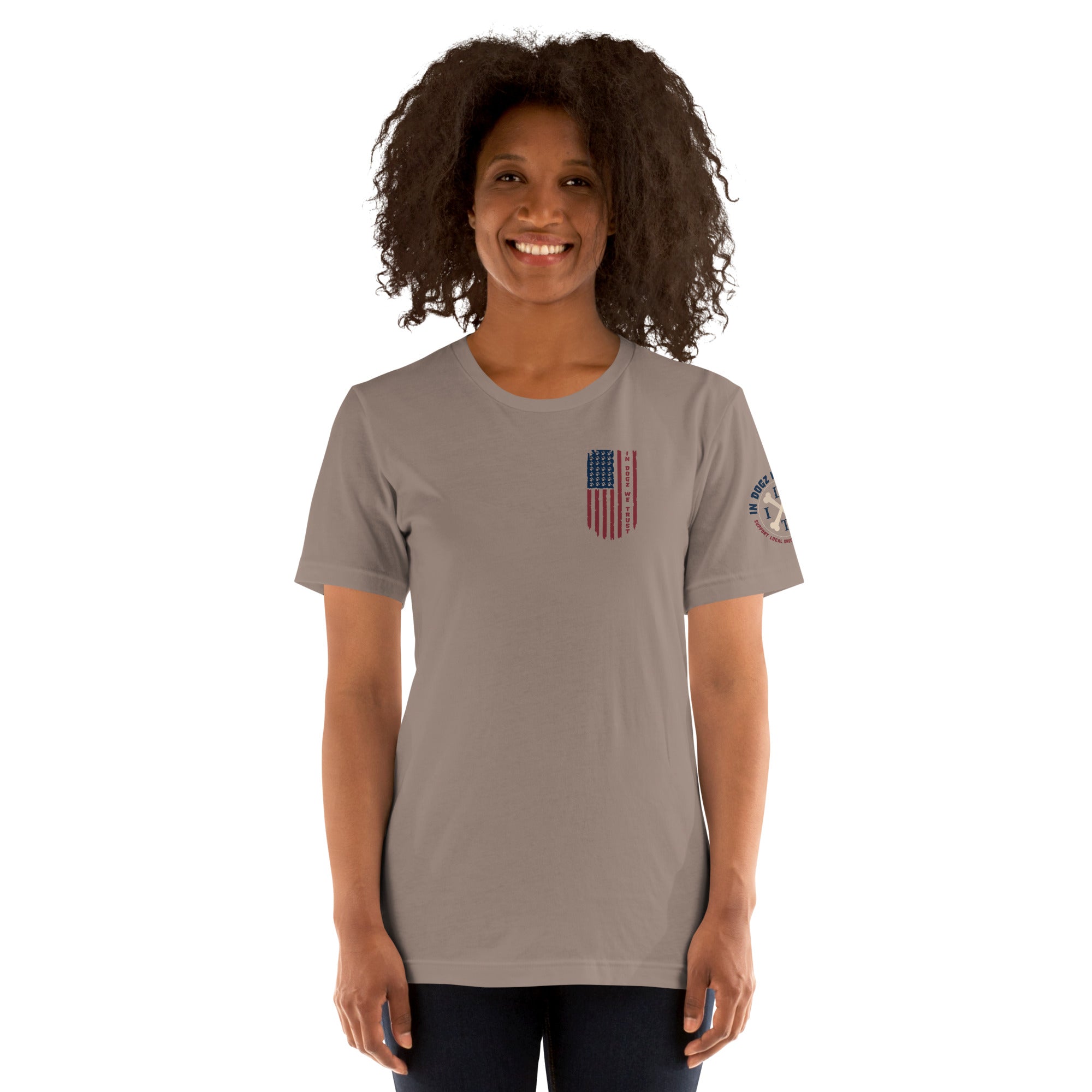 Paws & Stripes: Unisex Tee - Pebble / Tan - In Dogz We Trust - Female Model - Front View