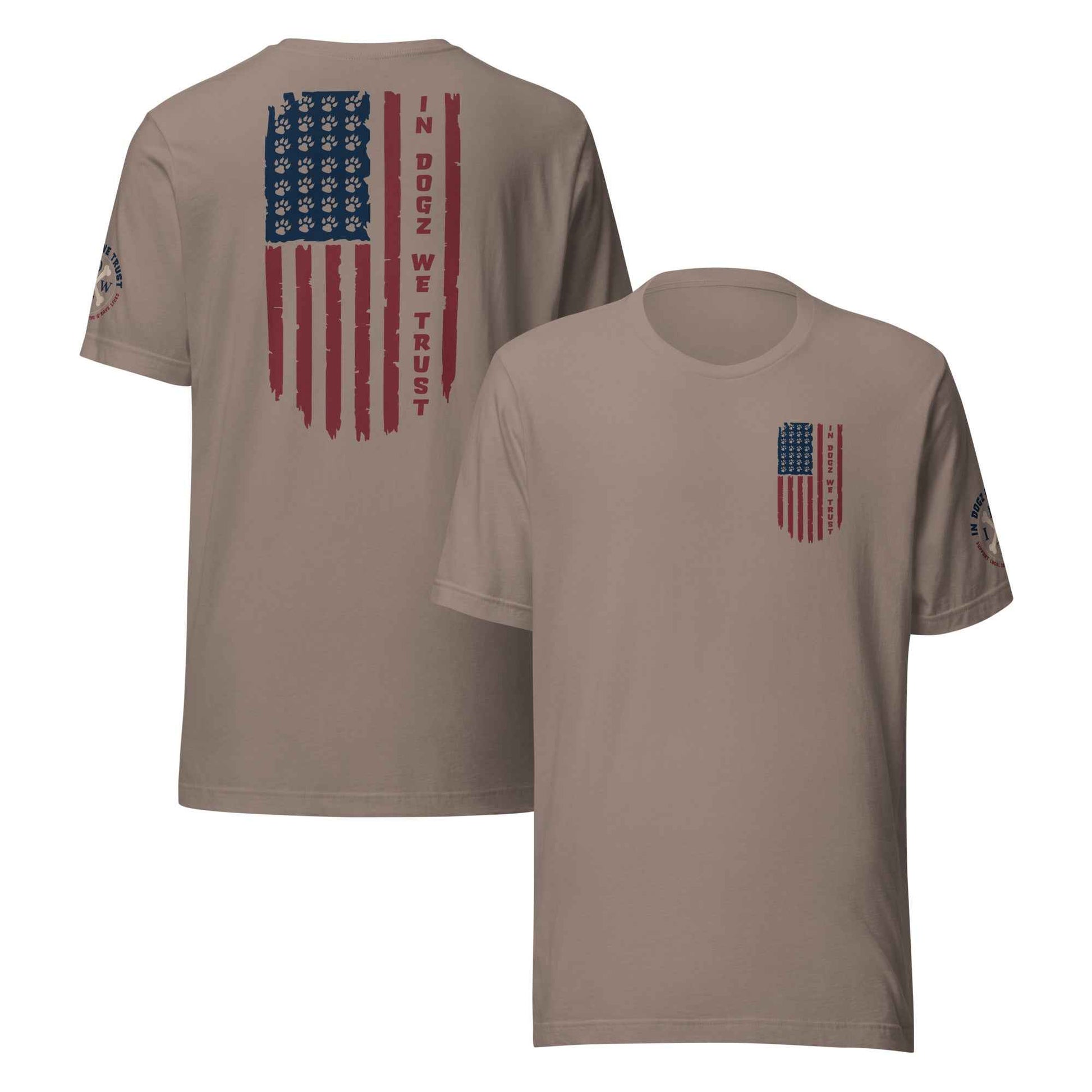Paws & Stripes: Unisex Tee - Pebble / Tan - In Dogz We Trust - Front & Back View