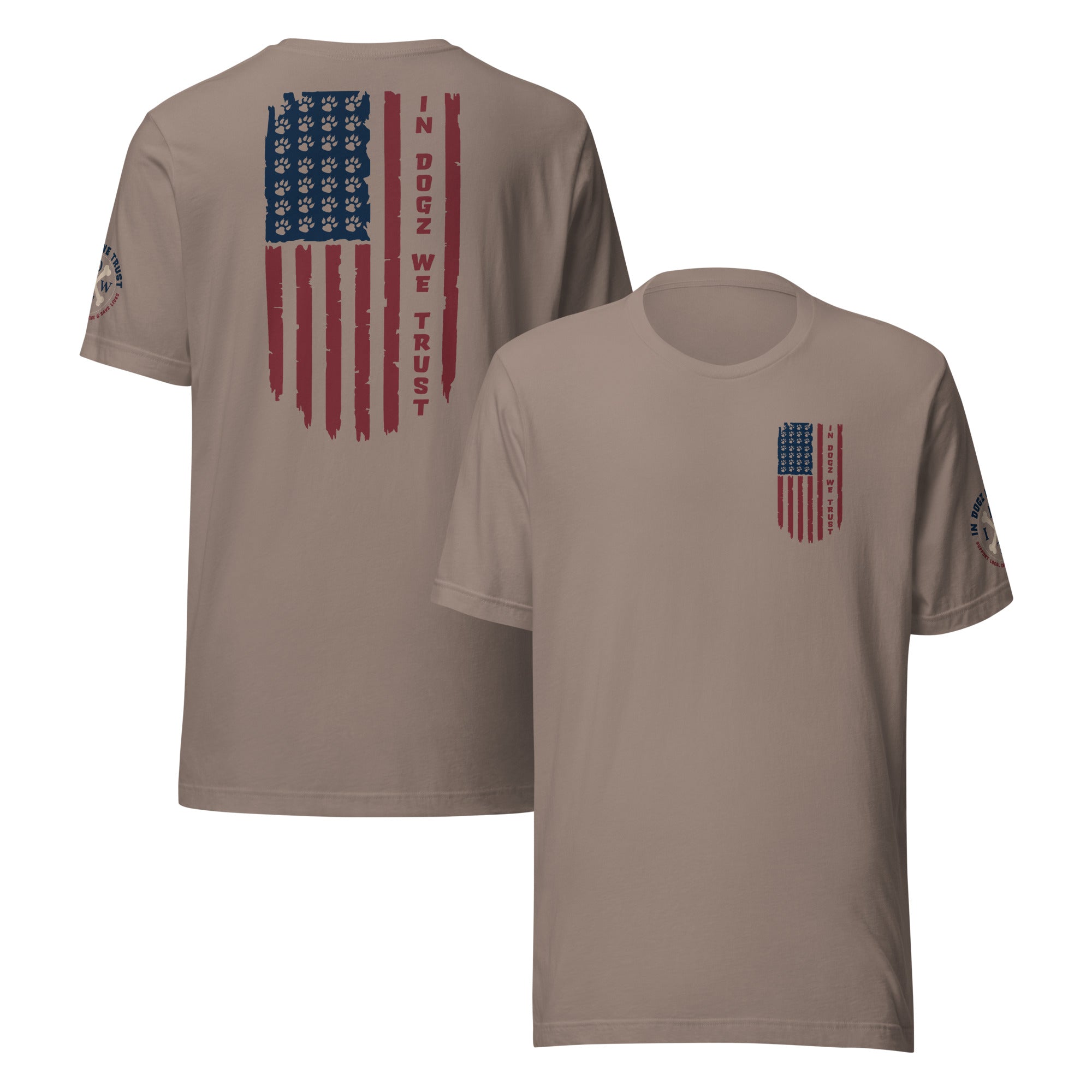 Paws & Stripes: Unisex Tee - Pebble / Tan - In Dogz We Trust - Front & Back View