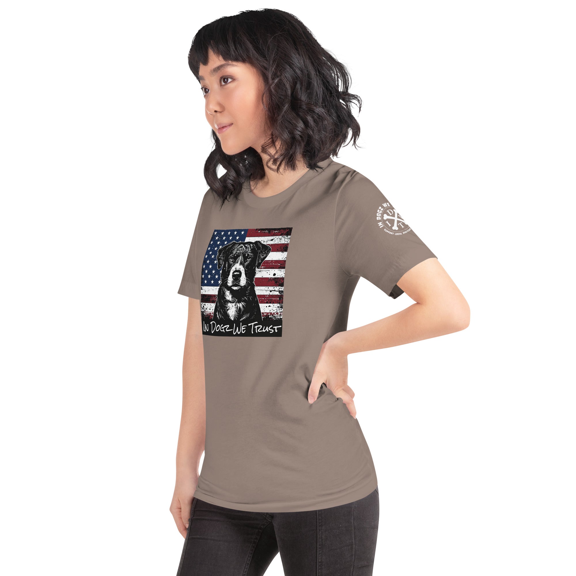 The "American Dream" Mixed-Breed: Unisex Tee - Pebble / Tan - In Dogz We Trust - Female Model - Left Side View