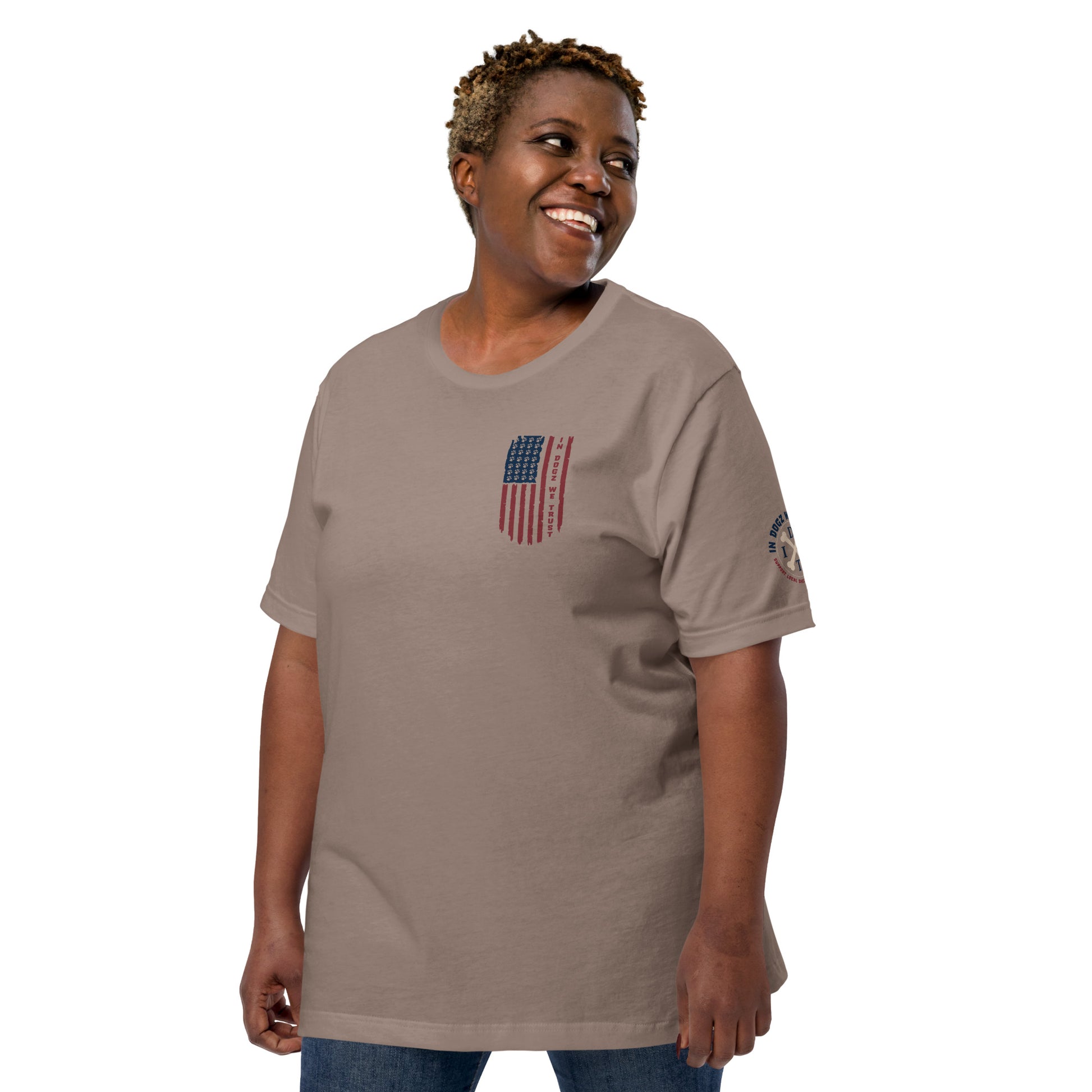 Paws & Stripes: Unisex Tee - Pebble / Tan - In Dogz We Trust - Plus Size Female Model - Front View