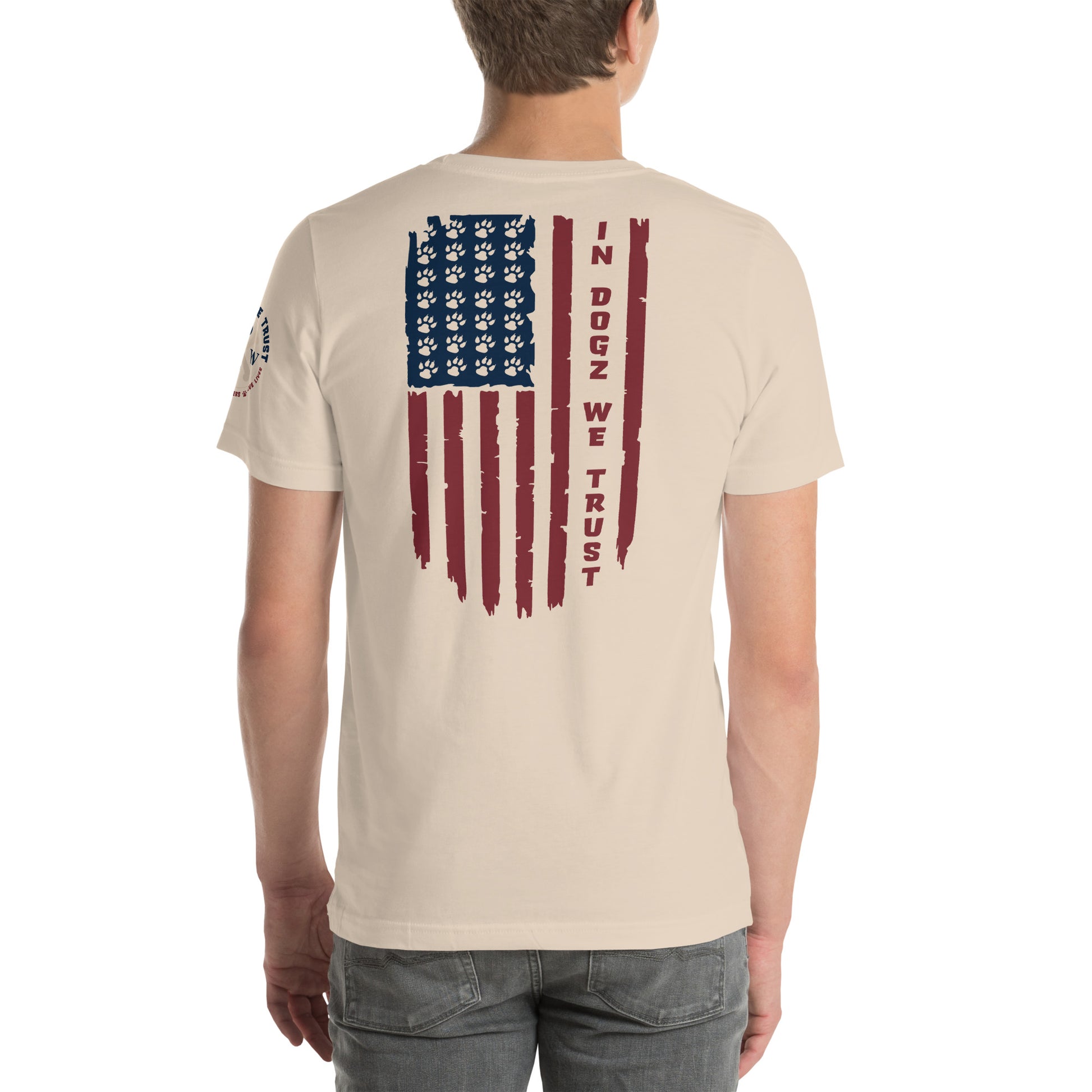 Paws & Stripes: Unisex Tee - Soft Cream - In Dogz We Trust - Male Model - Back View