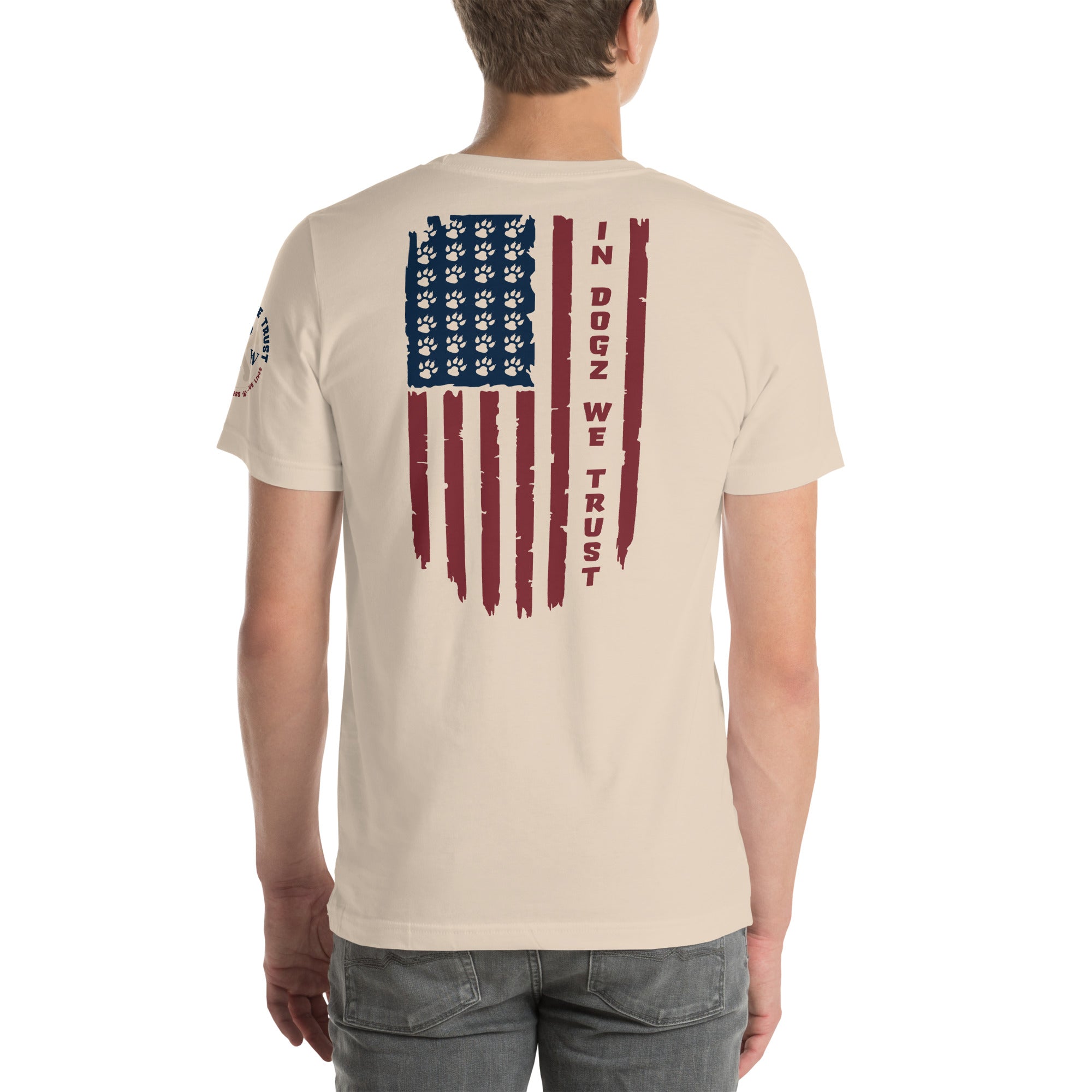 Paws & Stripes: Unisex Tee - Soft Cream - In Dogz We Trust - Male Model - Back View
