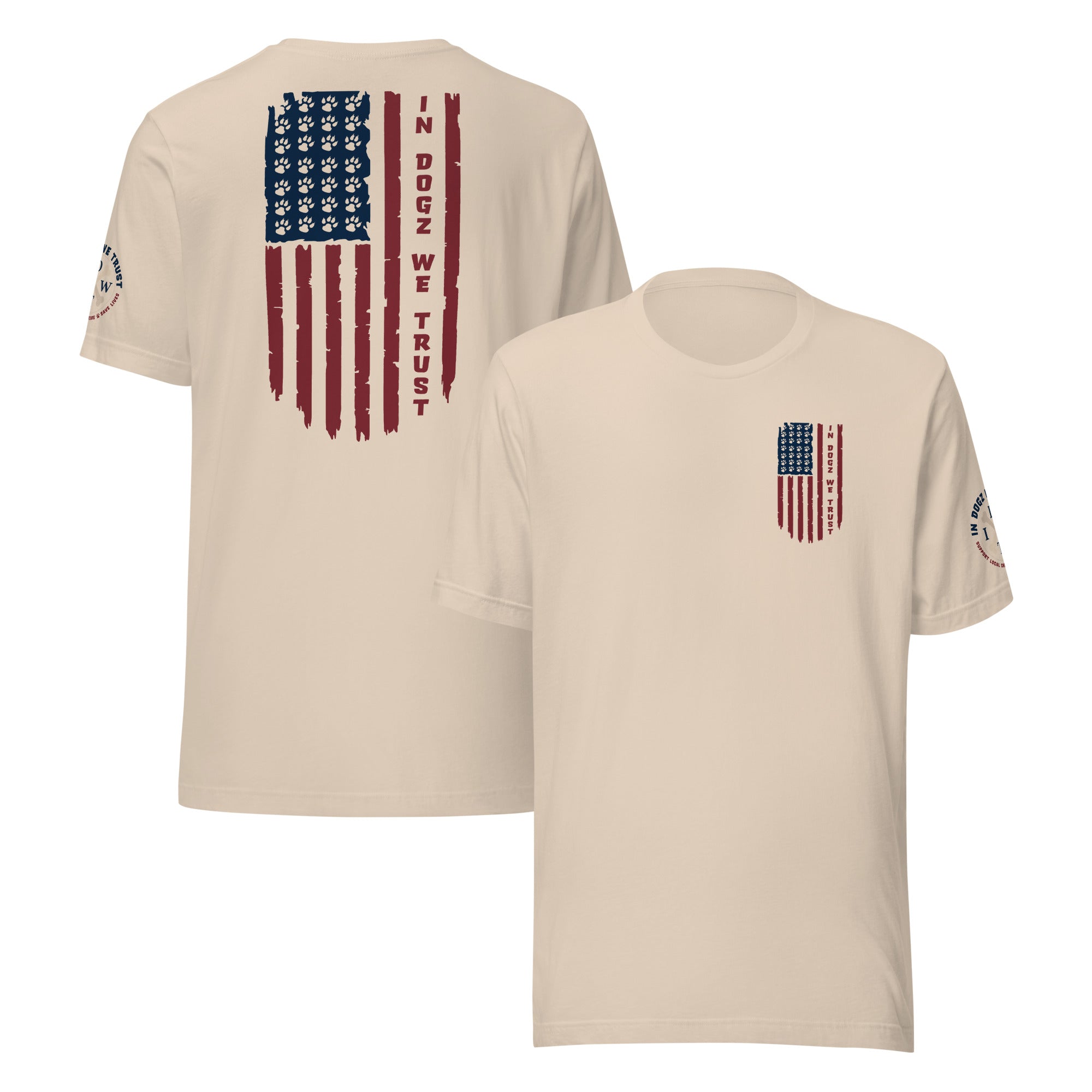 Paws & Stripes: Unisex Tee - Soft Cream - In Dogz We Trust - Front & Back View