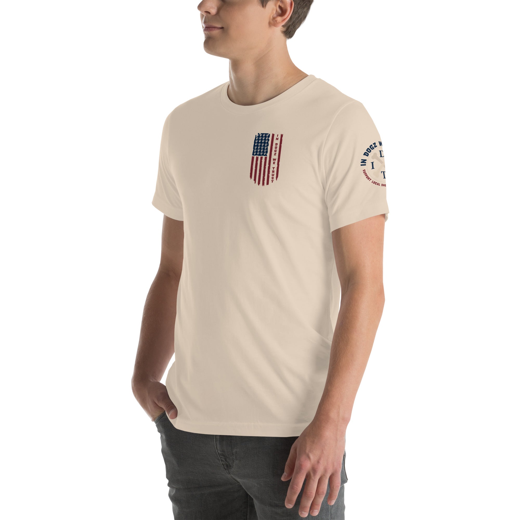 Paws & Stripes: Unisex Tee - Soft Cream - In Dogz We Trust - Male Model - Front View