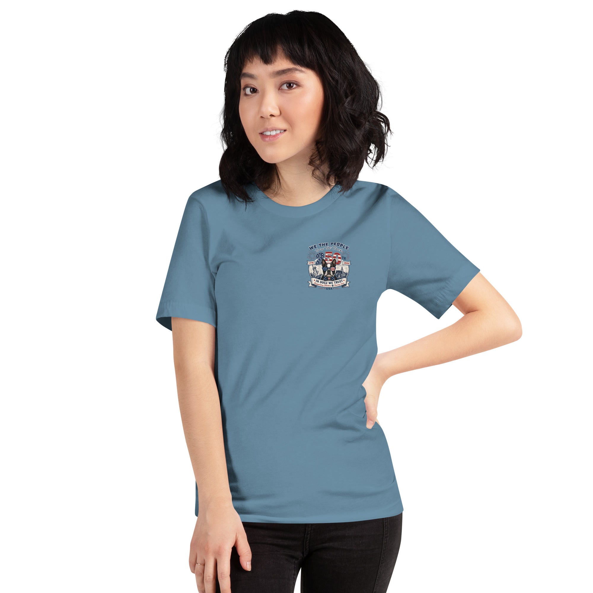 USA 250th "Join the Pack" Party: Unisex Tee - Steel Blue - In Dogz We Trust - Female Model - Front View