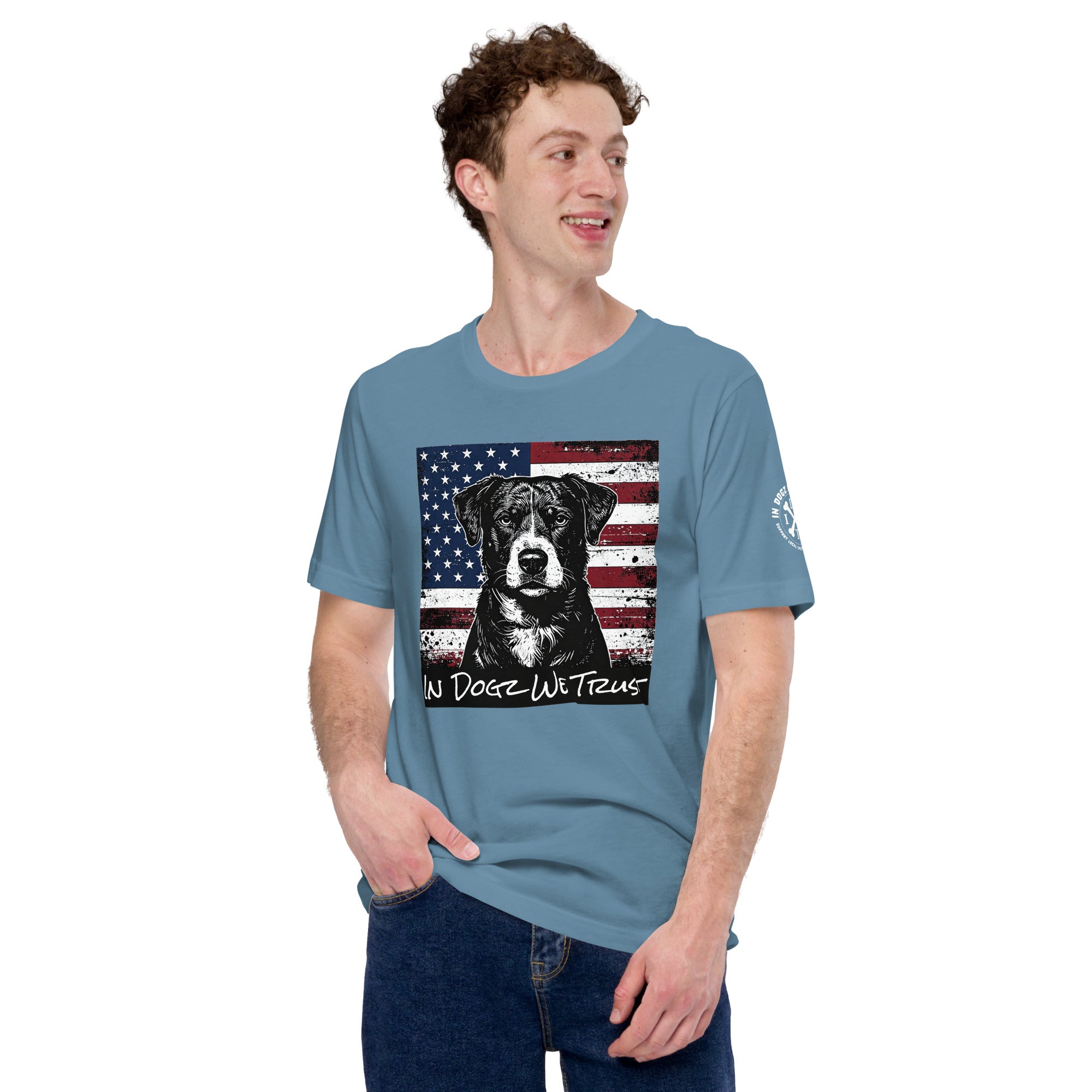 The "American Dream" Mixed-Breed: Unisex Tee - Steel Blue - In Dogz We Trust - Front View