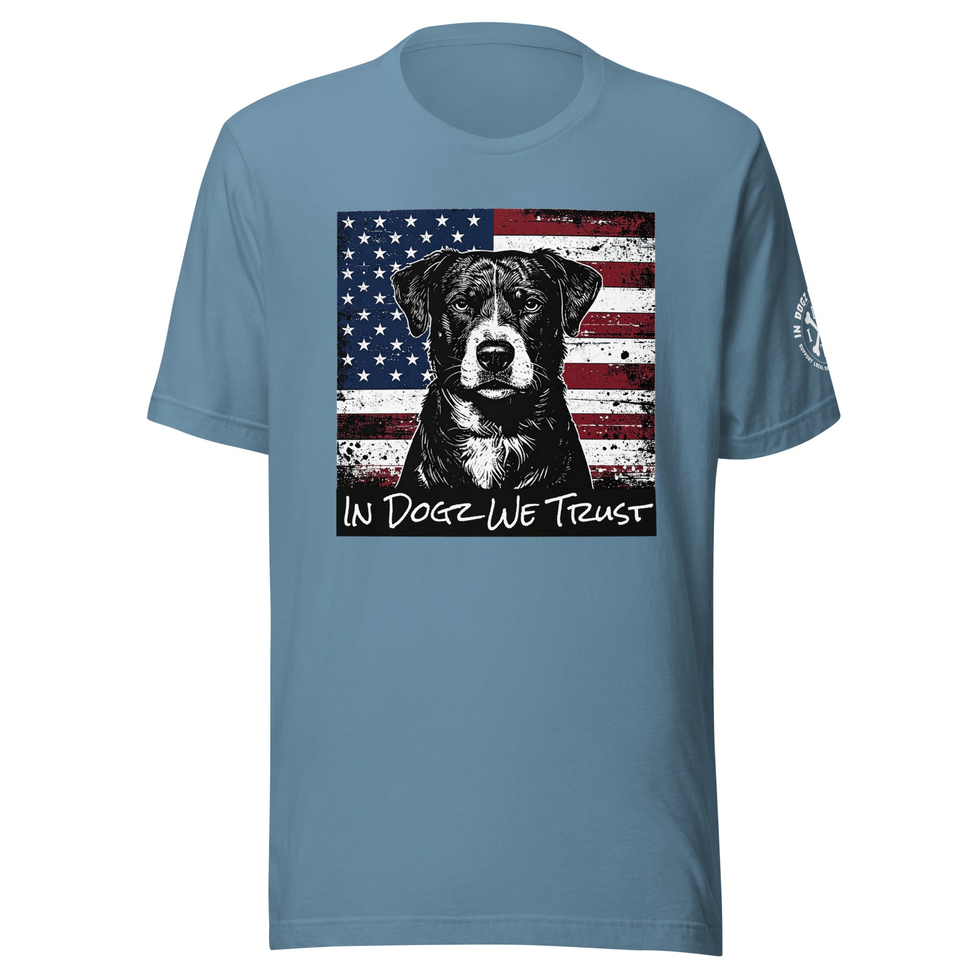 The "American Dream" Mixed-Breed: Unisex Tee - Steel Blue - In Dogz We Trust - Front View