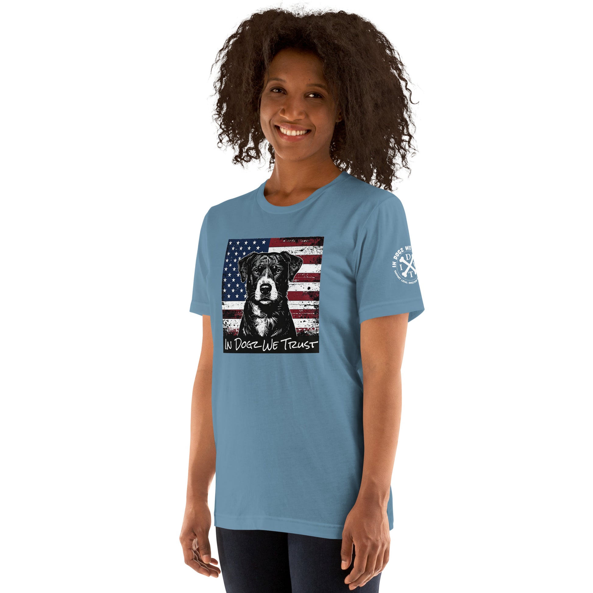 The "American Dream" Mixed-Breed: Unisex Tee - Steel Blue - In Dogz We Trust - Front View