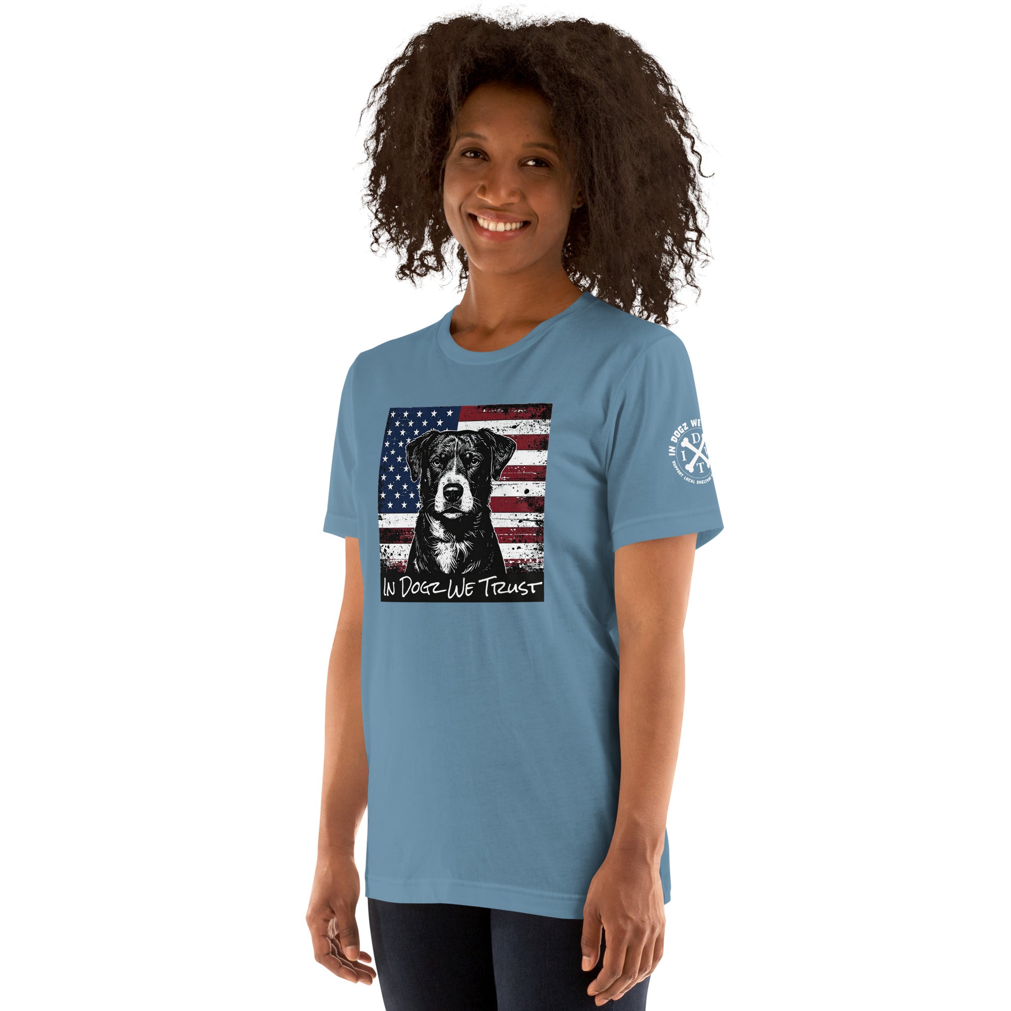 The "American Dream" Mixed-Breed: Unisex Tee - Steel Blue - In Dogz We Trust - Front View