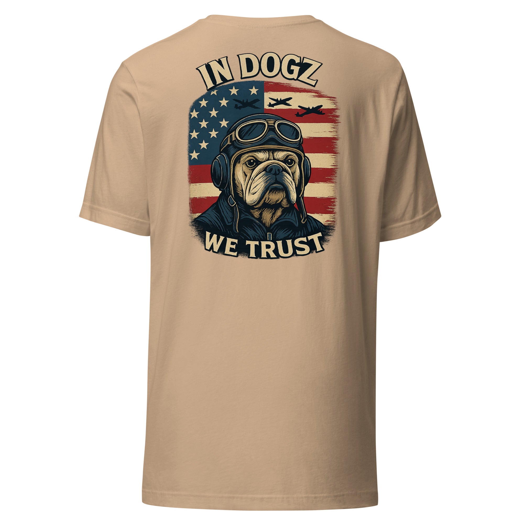 Stars & Dogz Tee - Unisex - Tan with Bull Dog & American Flag Design - In Dogz We Trust - Back View