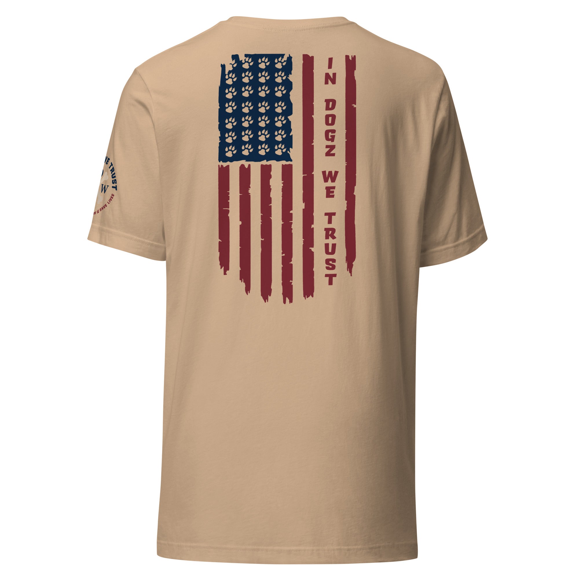 Paws & Stripes: Unisex Tee - Tan - In Dogz We Trust - Back View