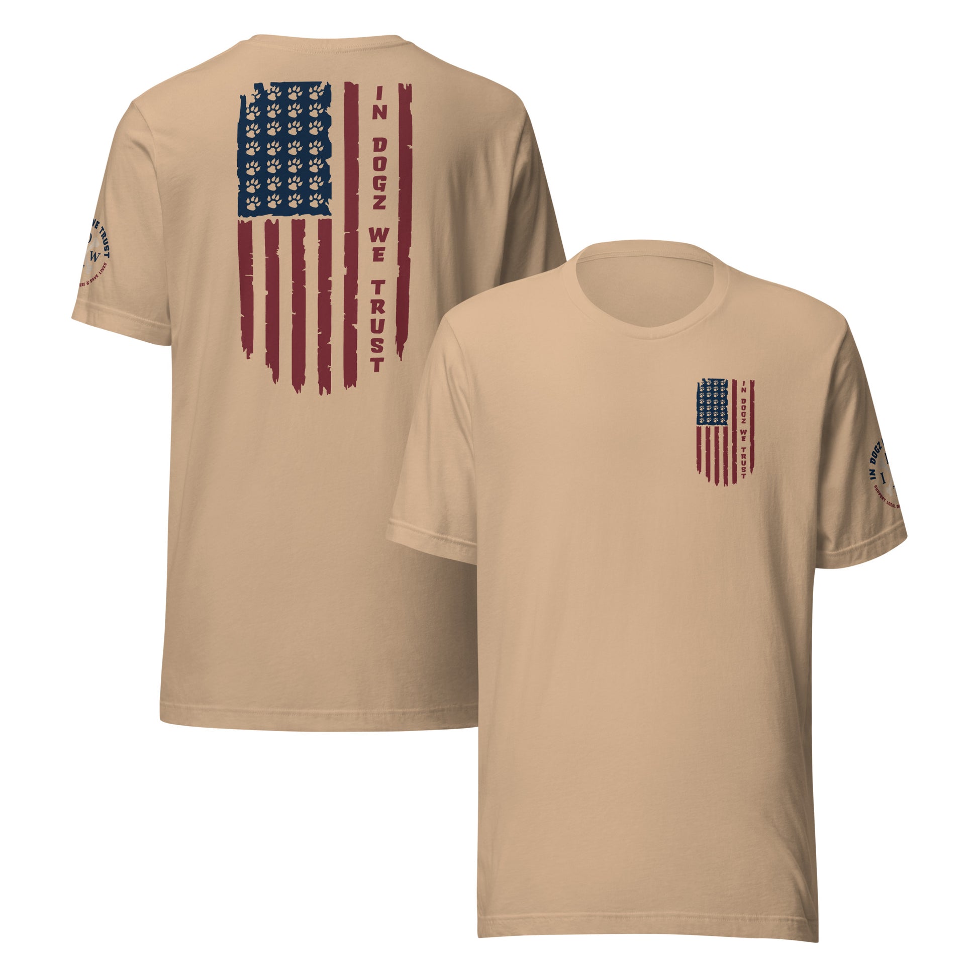 Paws & Stripes: Unisex Tee - Tan - In Dogz We Trust - Front & Back View