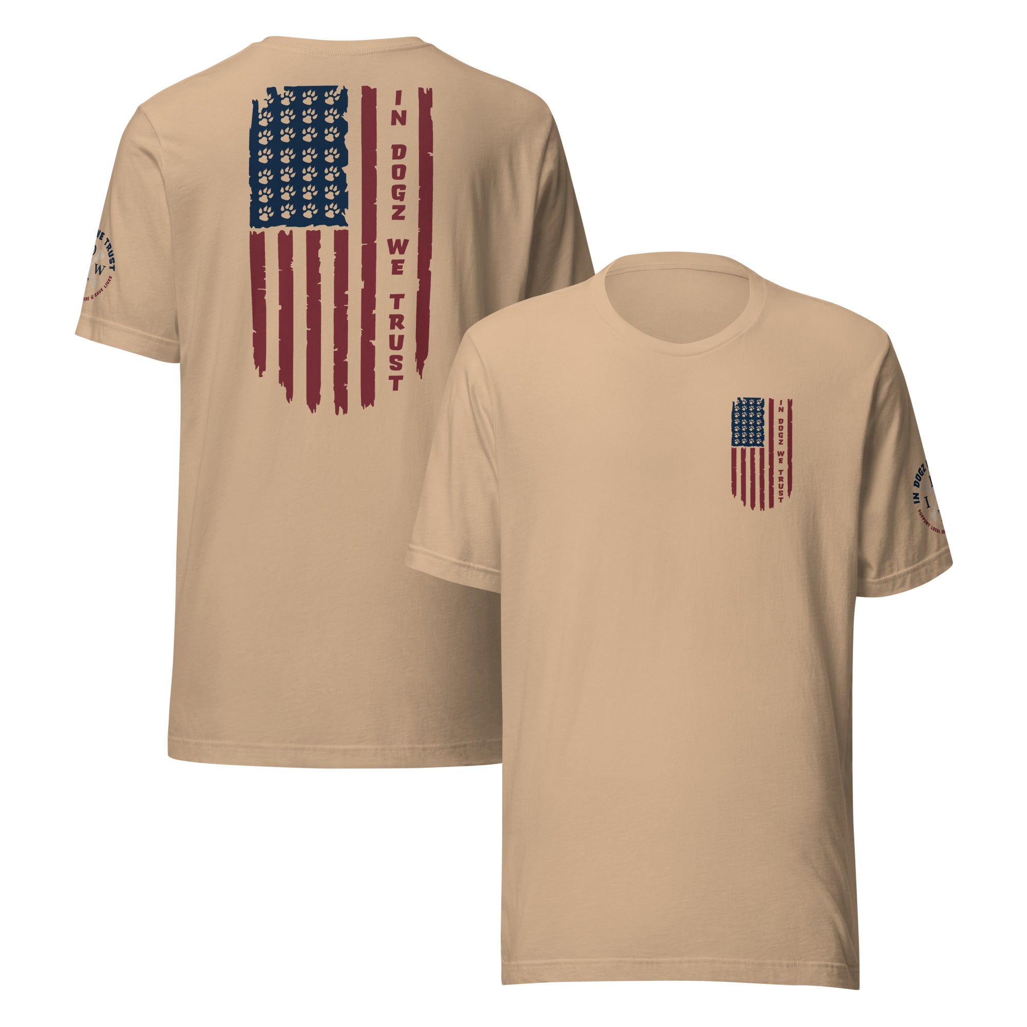 Paws & Stripes: Unisex Tee - Tan - In Dogz We Trust - Front & Back View