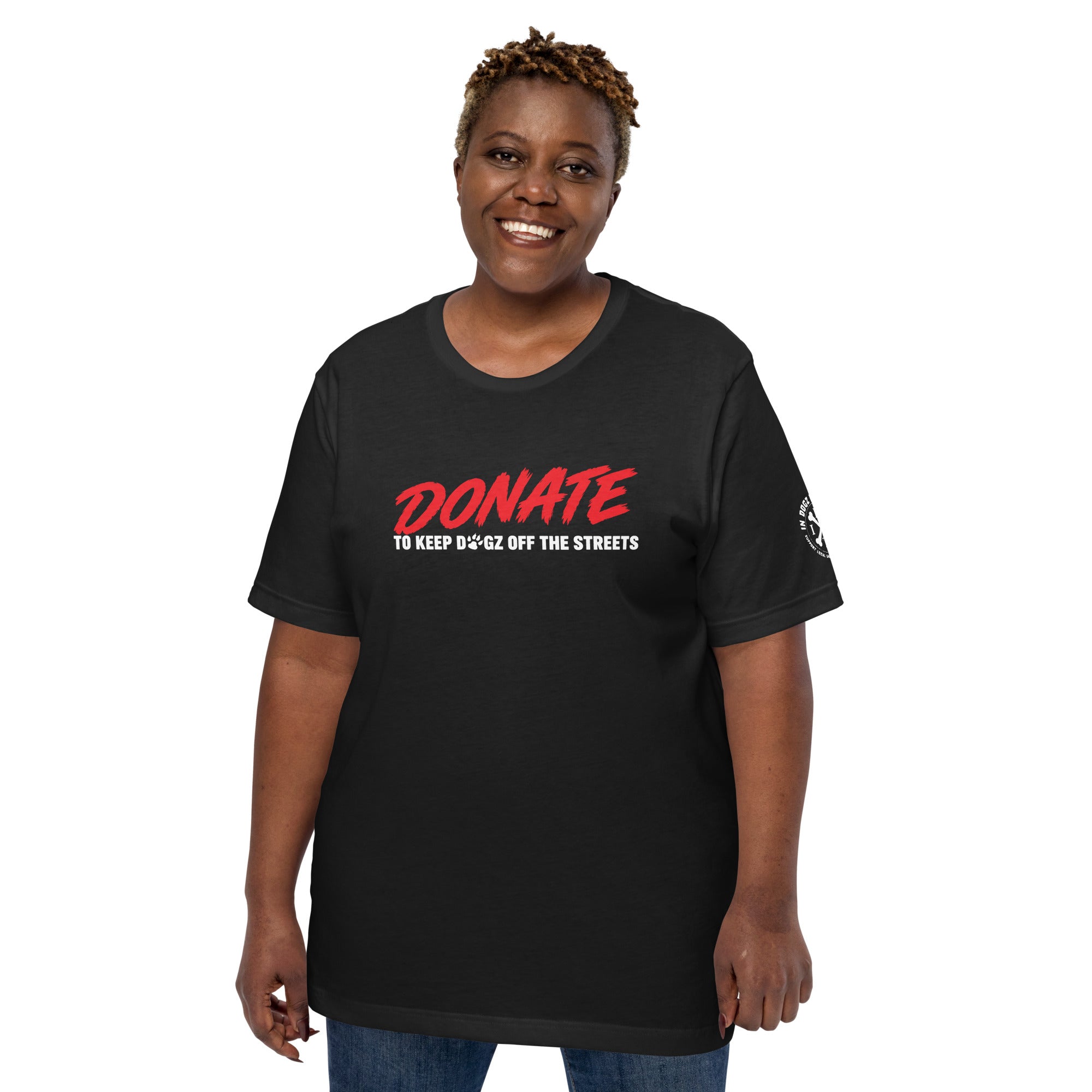 Keep Dogz Off the Streets - Unisex Tee - In Dogz We Trust - Black - Plus Size Female Model - Front View