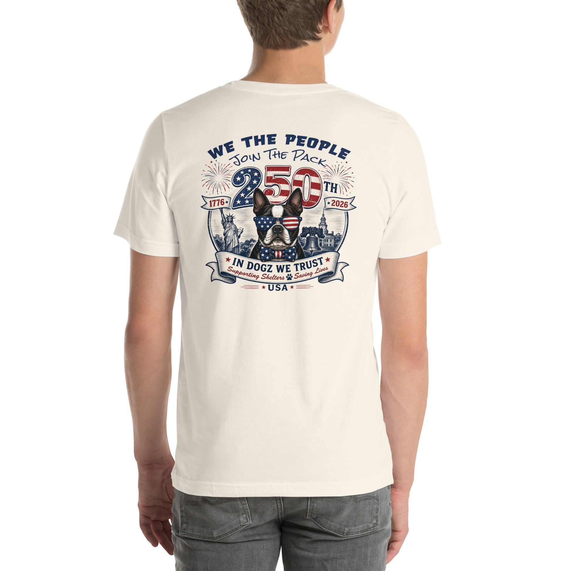 USA 250th "Join the Pack" Party: Unisex Tee - Vintage White - In Dogz We Trust - Male Model - Back View
