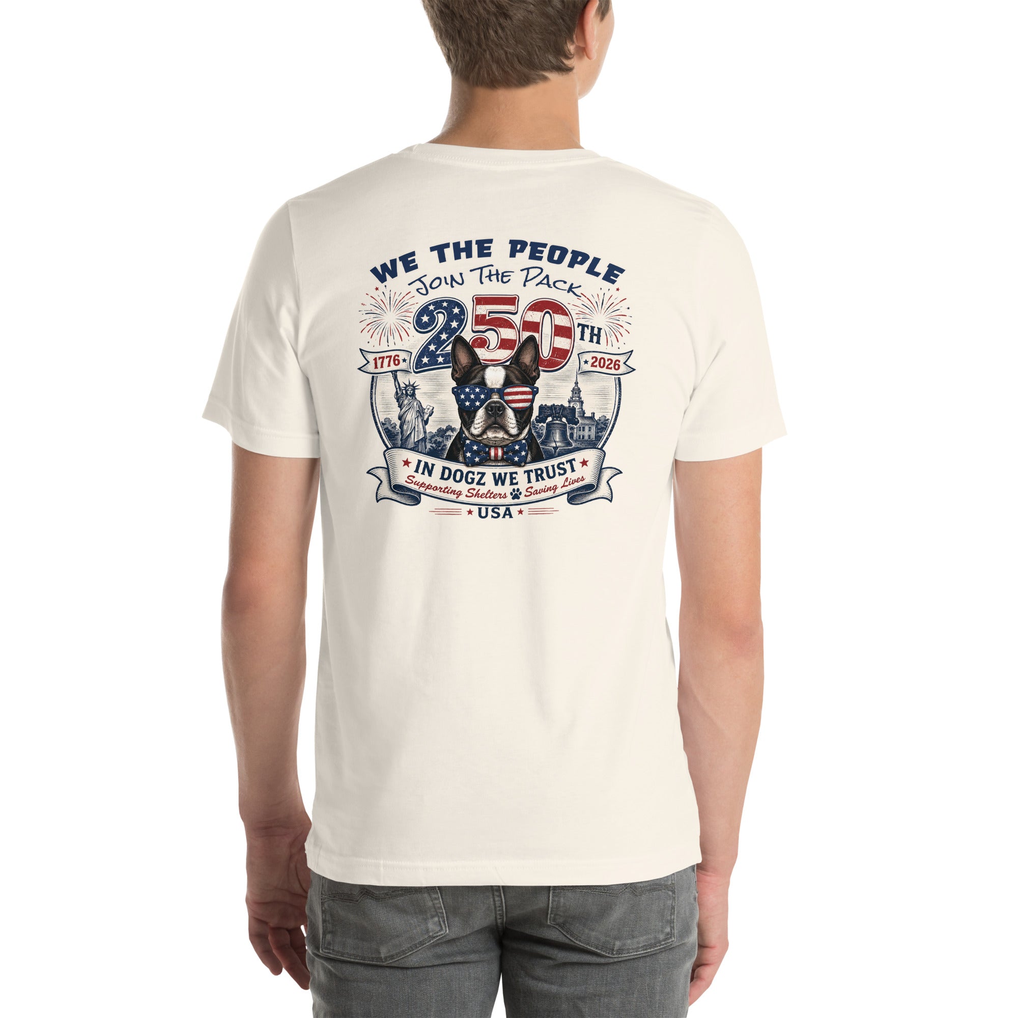 USA 250th "Join the Pack" Party: Unisex Tee - Vintage White - In Dogz We Trust - Male Model - Back View