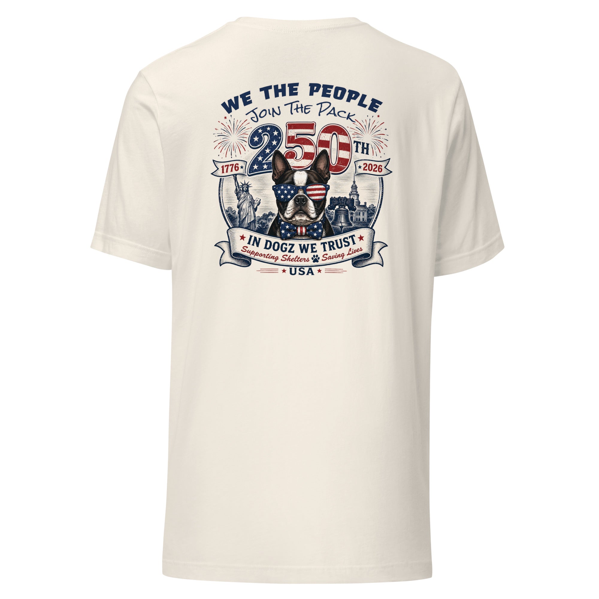 USA 250th "Join the Pack" Party: Unisex Tee - Vintage White - In Dogz We Trust - Back View