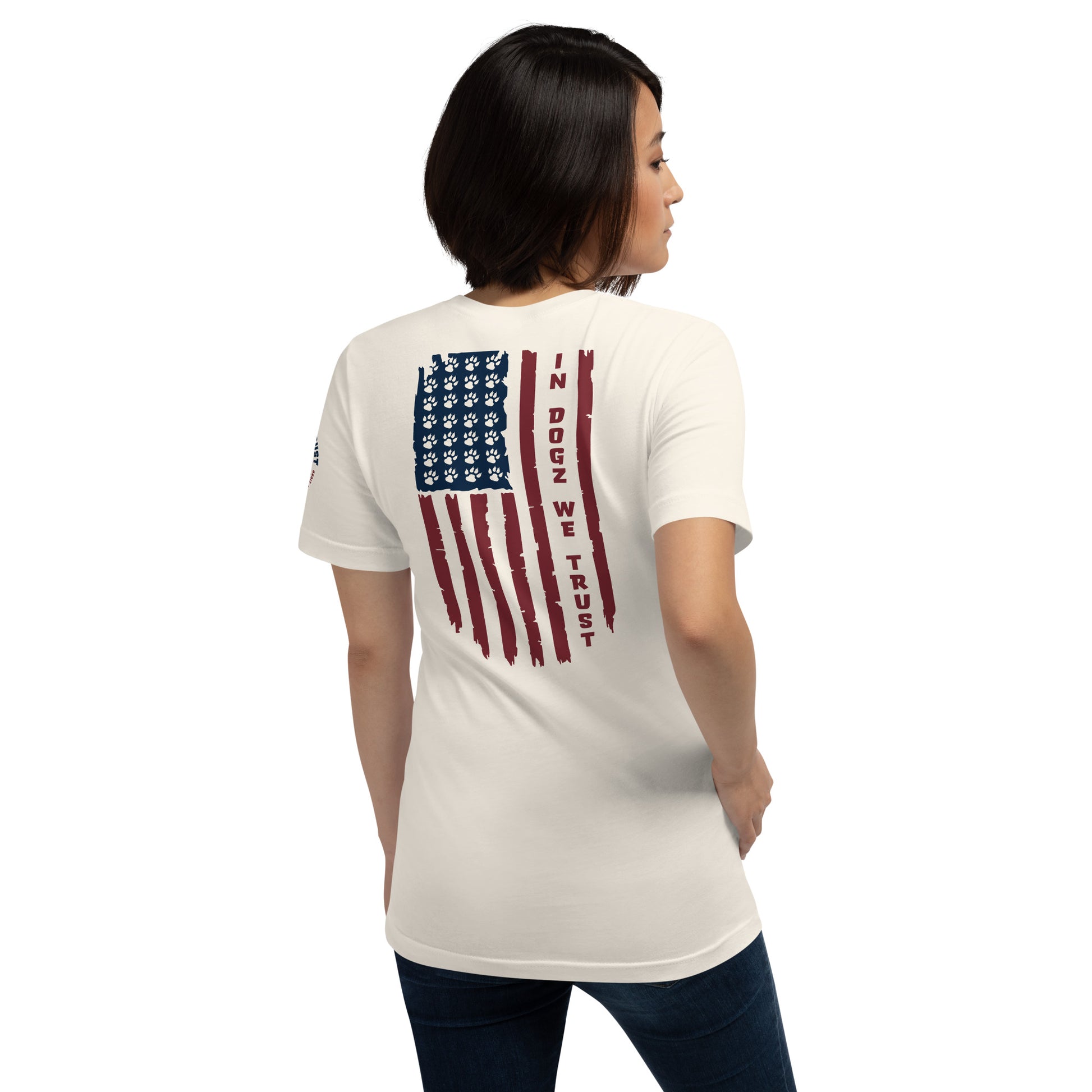 Paws & Stripes: Unisex Tee - Vintage White - In Dogz We Trust - Female Model - Back View