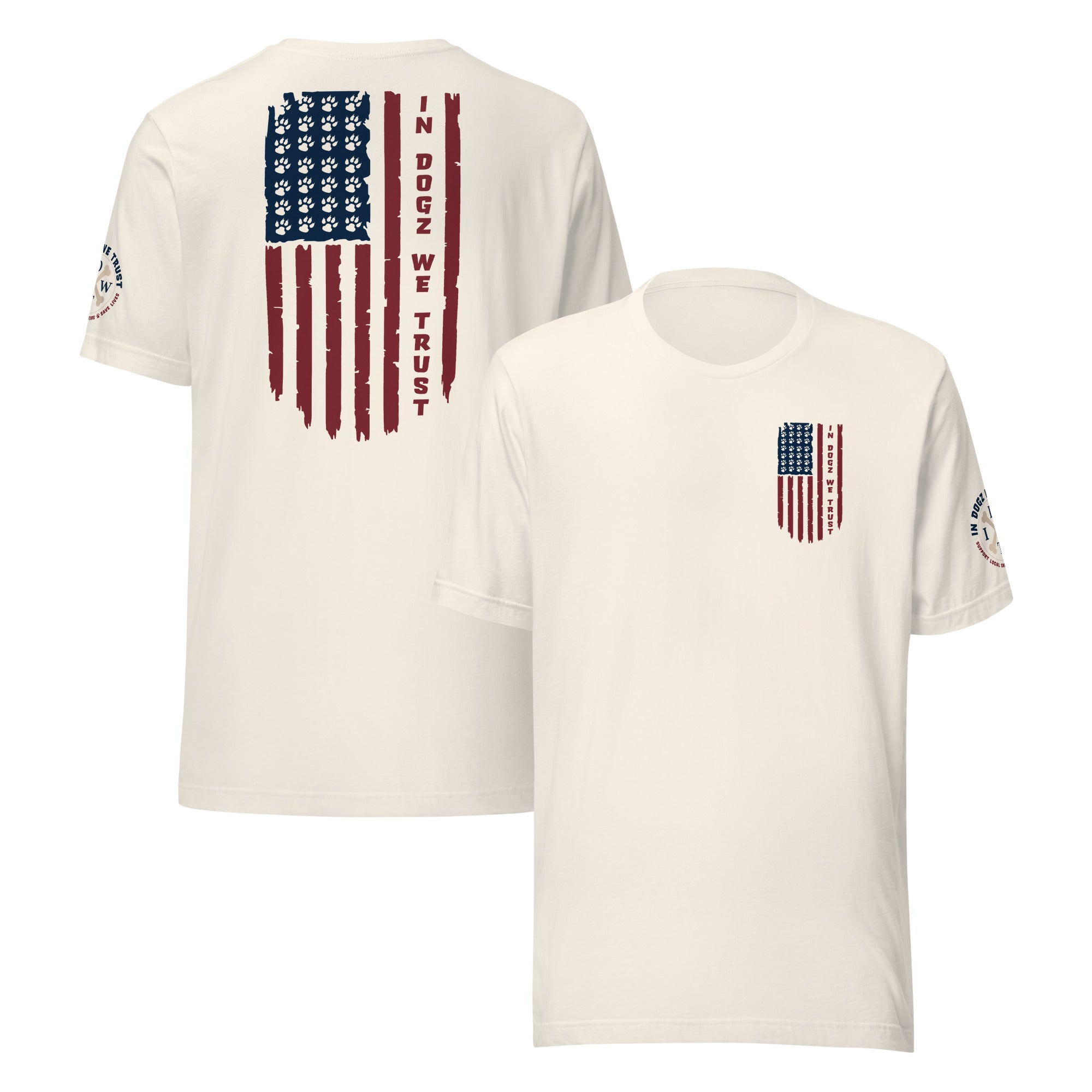 Paws & Stripes: Unisex Tee - Vintage White - In Dogz We Trust - Front & Back View