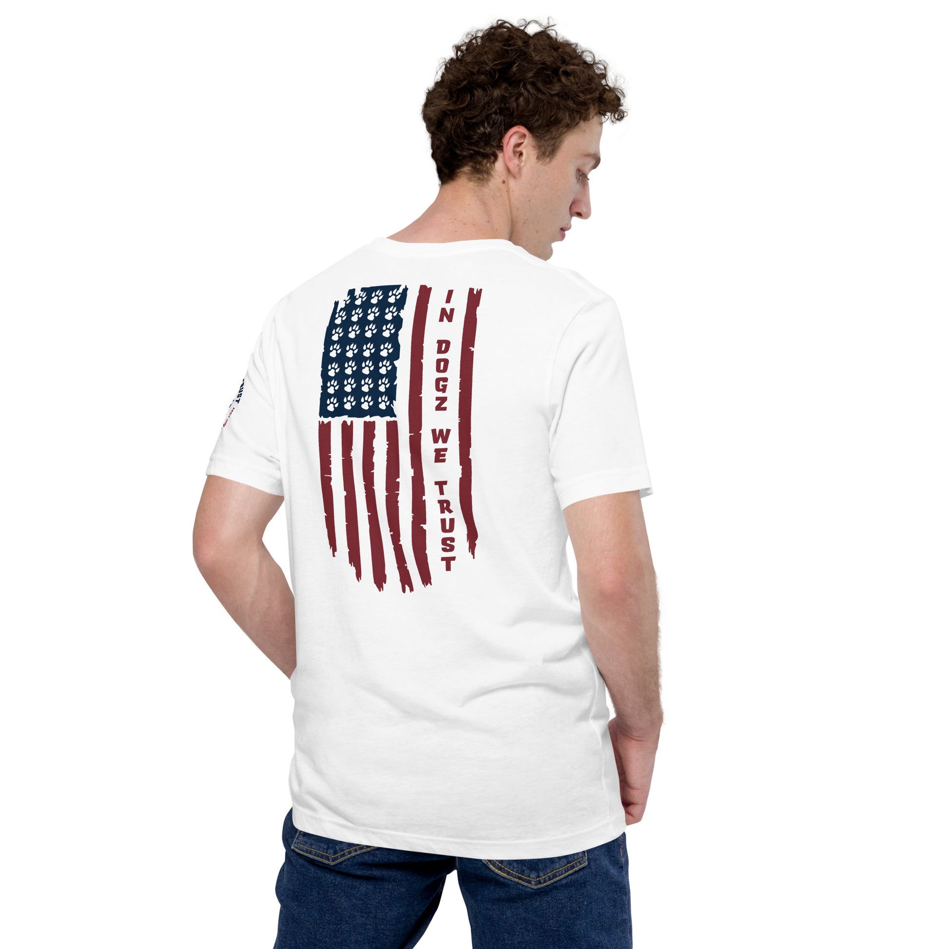 Paws & Stripes: Unisex Tee - White - In Dogz We Trust - Male Model - Back View
