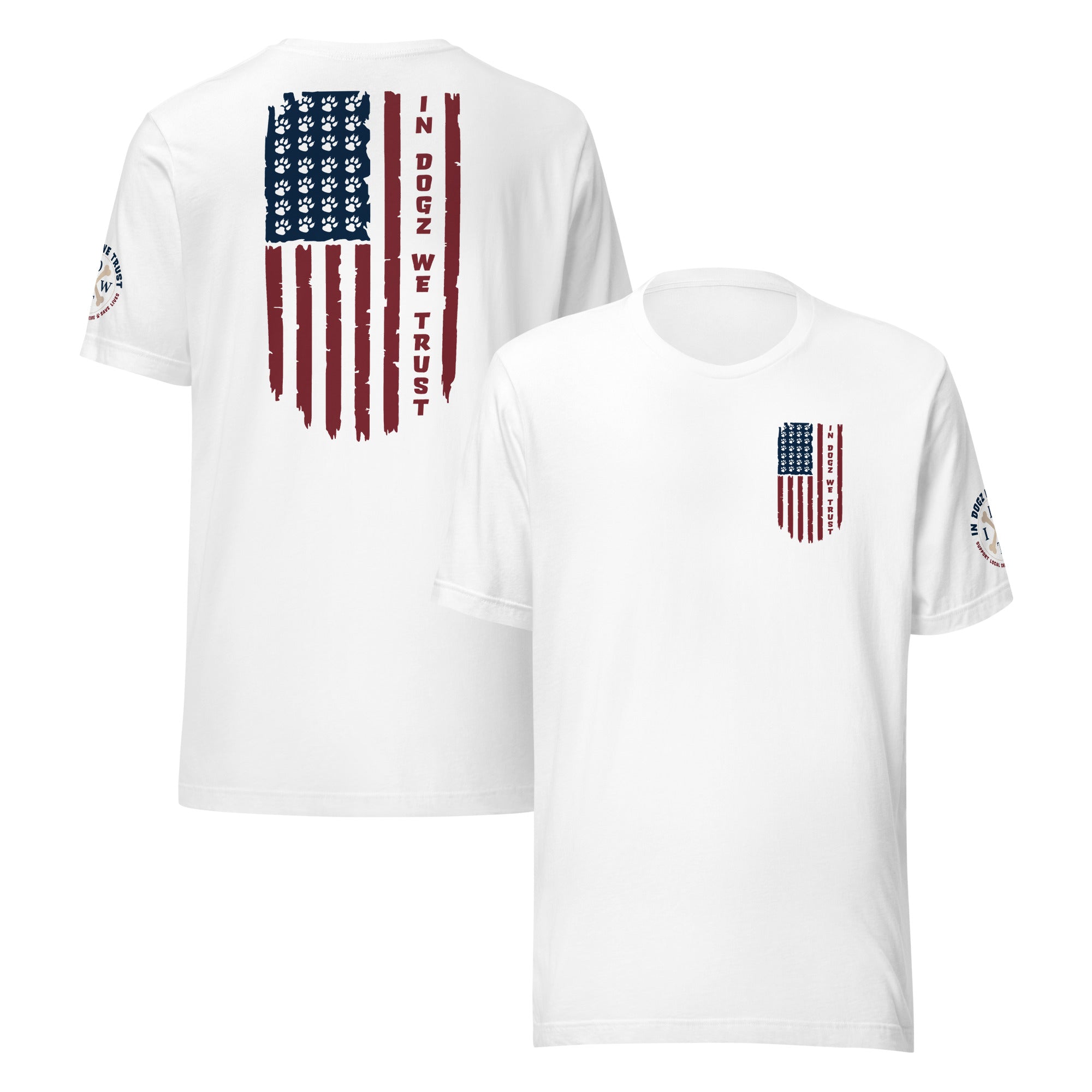 Paws & Stripes: Unisex Tee - White - In Dogz We Trust - Front & Back View
