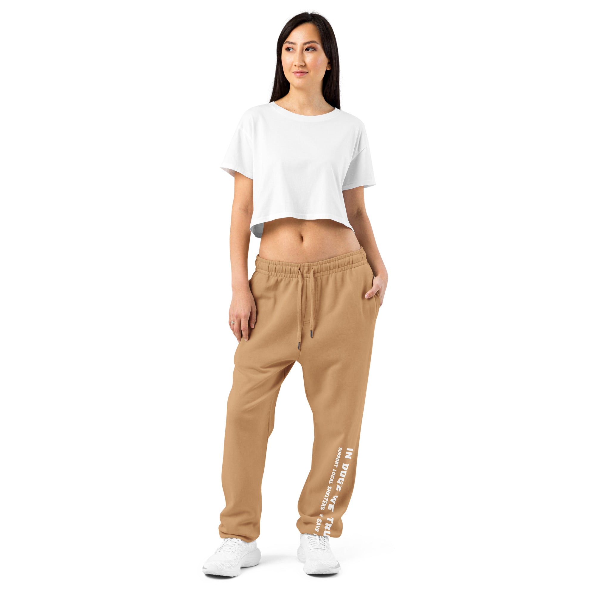 IDWT Soft Urban Sweatpants - Burro/Tan with White Design - In Dogz We Trust - Female Model - Front View
