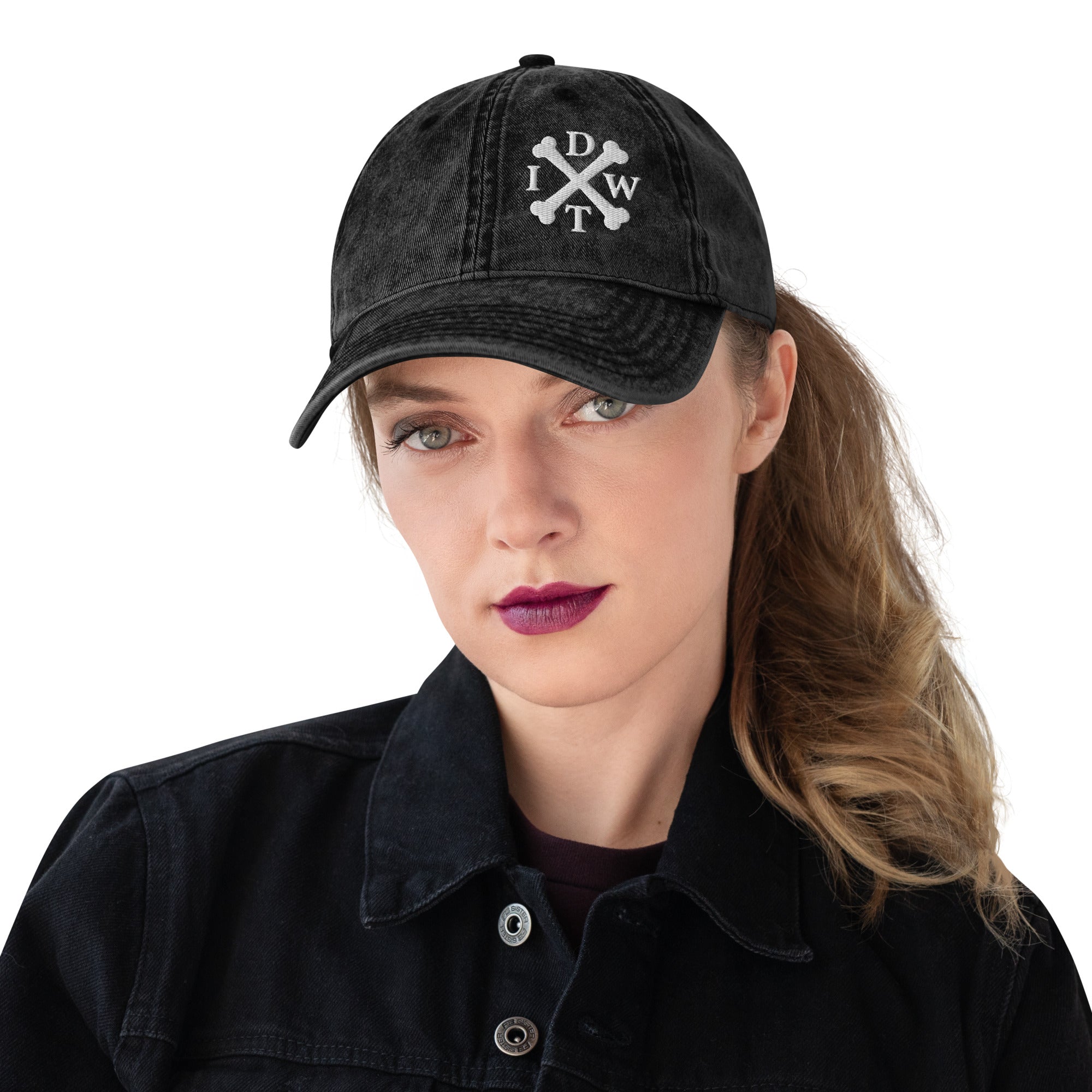 IDWT Vintage Embroidered Cap - Black Distressed Denim with White Crossbones Logo - In Dogz We Trust - Female Model