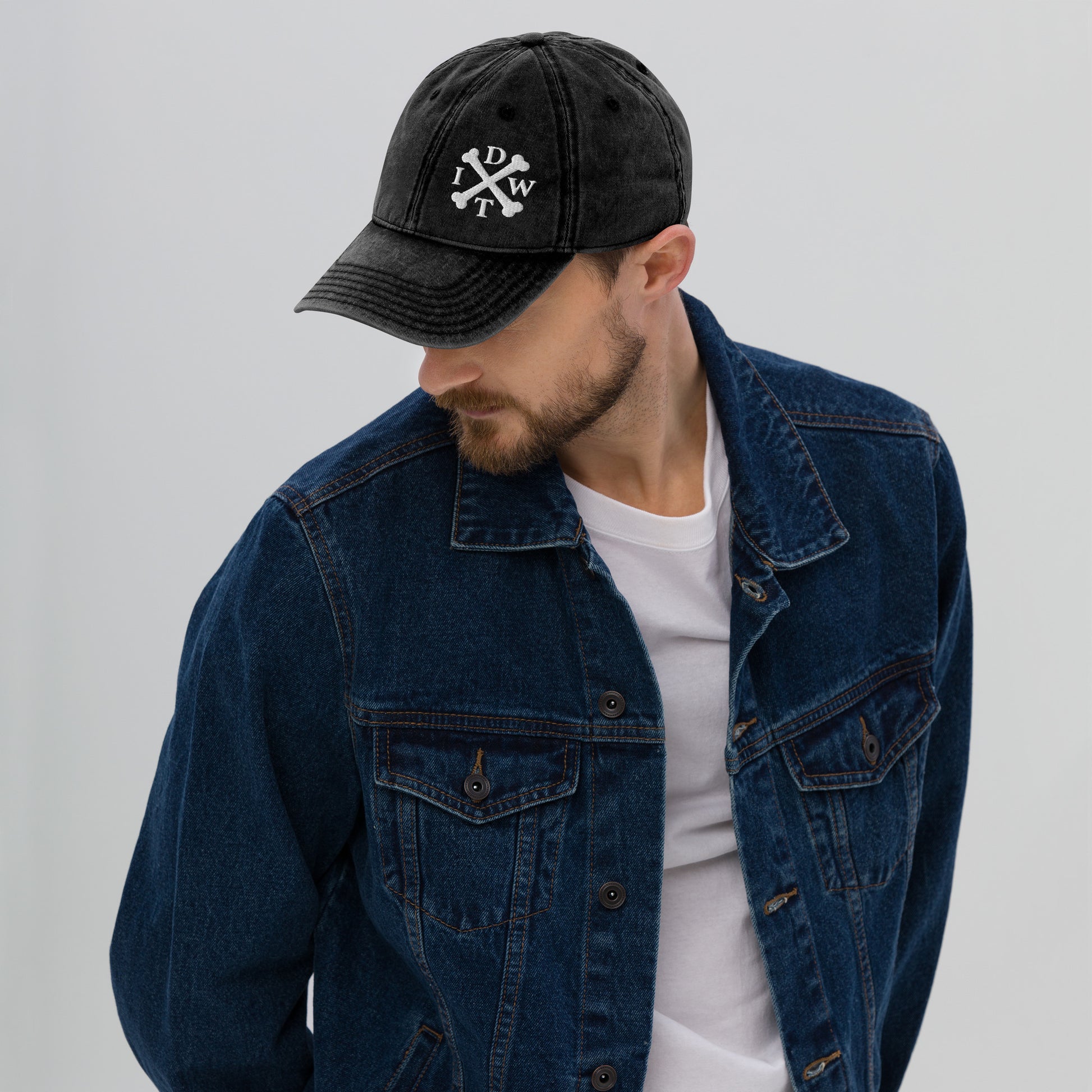 IDWT Vintage Embroidered Cap - Black Distressed Denim with White Crossbones Logo - In Dogz We Trust - Male Model