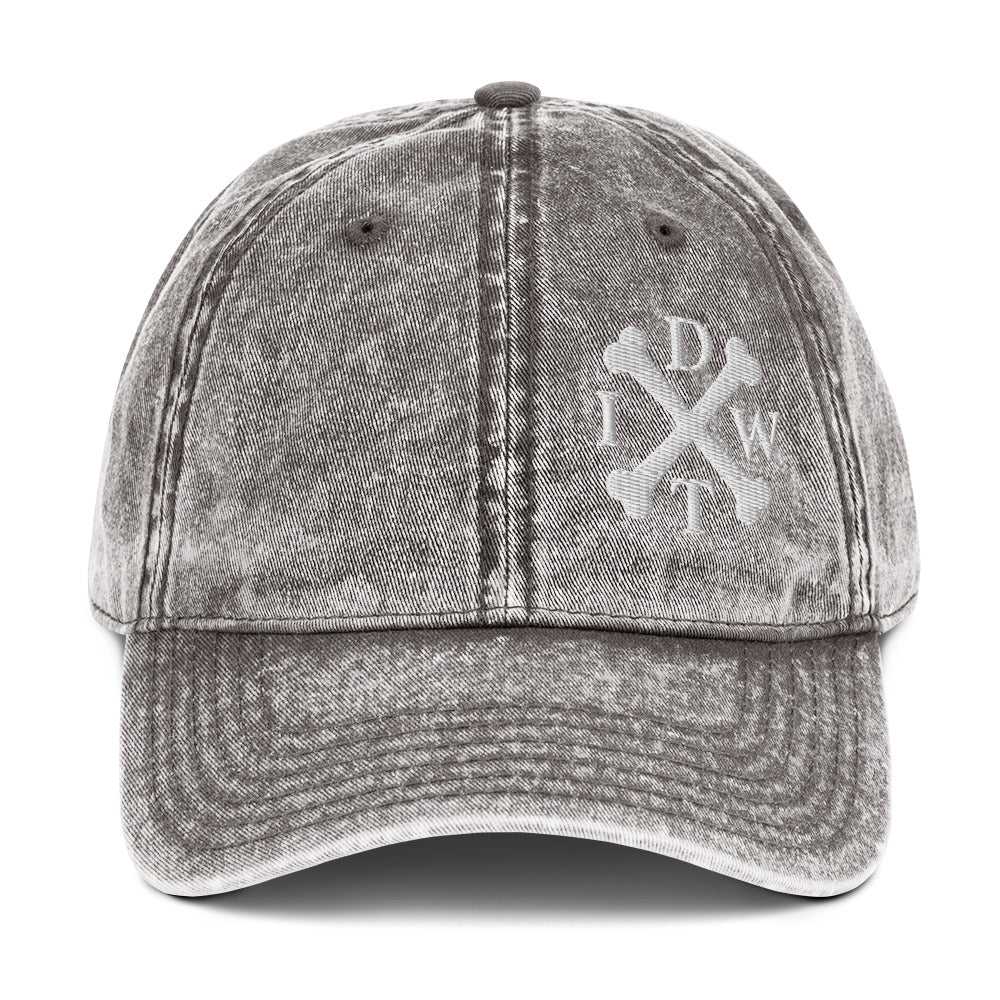 IDWT Vintage Embroidered Cap - Grey Distressed Denim with White Crossbones Logo - In Dogz We Trust - Front View
